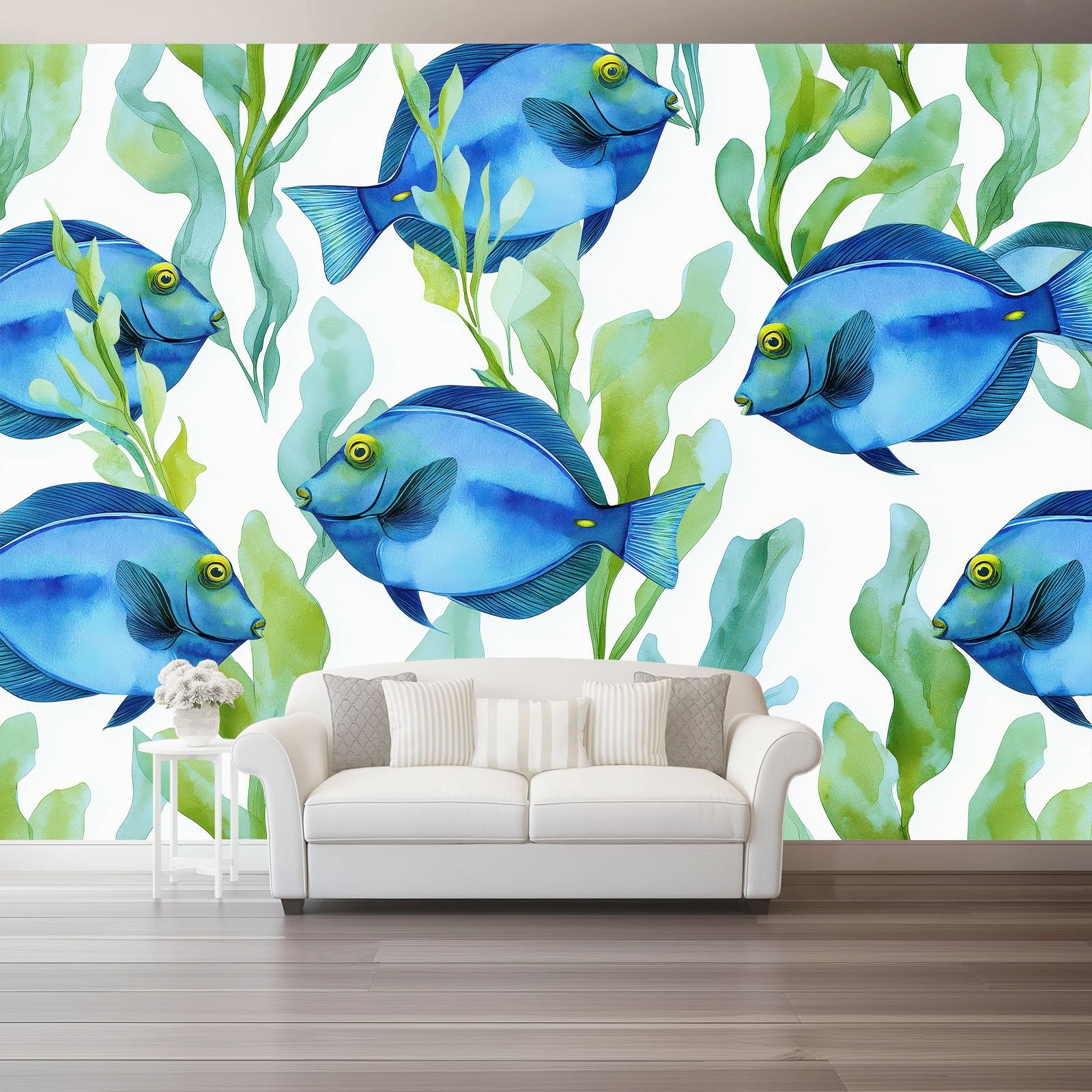Papier peint panoramique poisson vert bleu pour salon moderne 350x256 cm