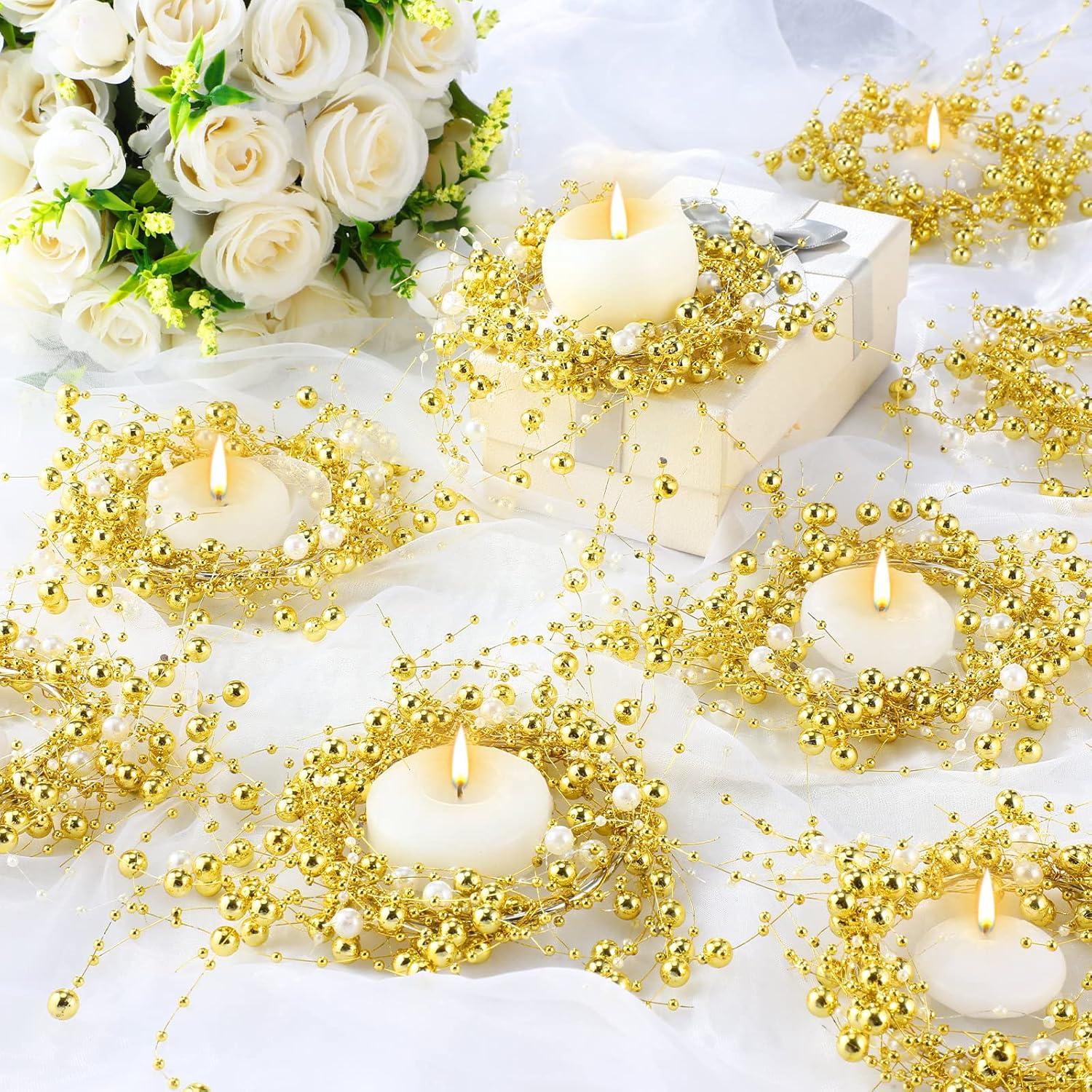 Gold Candle Rings Wedding Pearl Candle Ring Wreaths 3.5