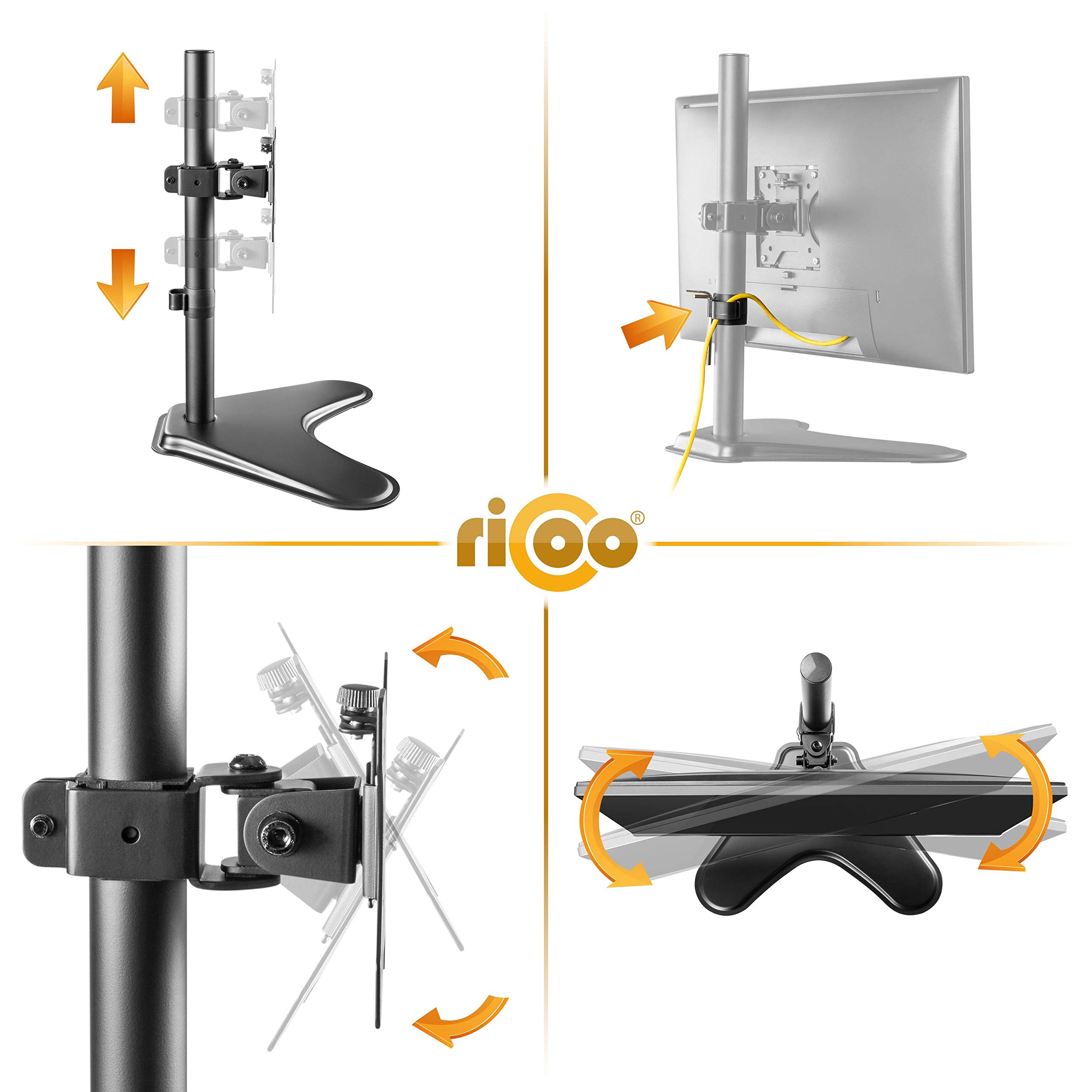 RICOO TS7211 Support Écran PC TV 1 Écran 13 17 19 22 24 27 28 32 Pouces Orientable Inclinable Rotatif Universel Fixation Bureau Pince de Table VESA 75x75 100x100