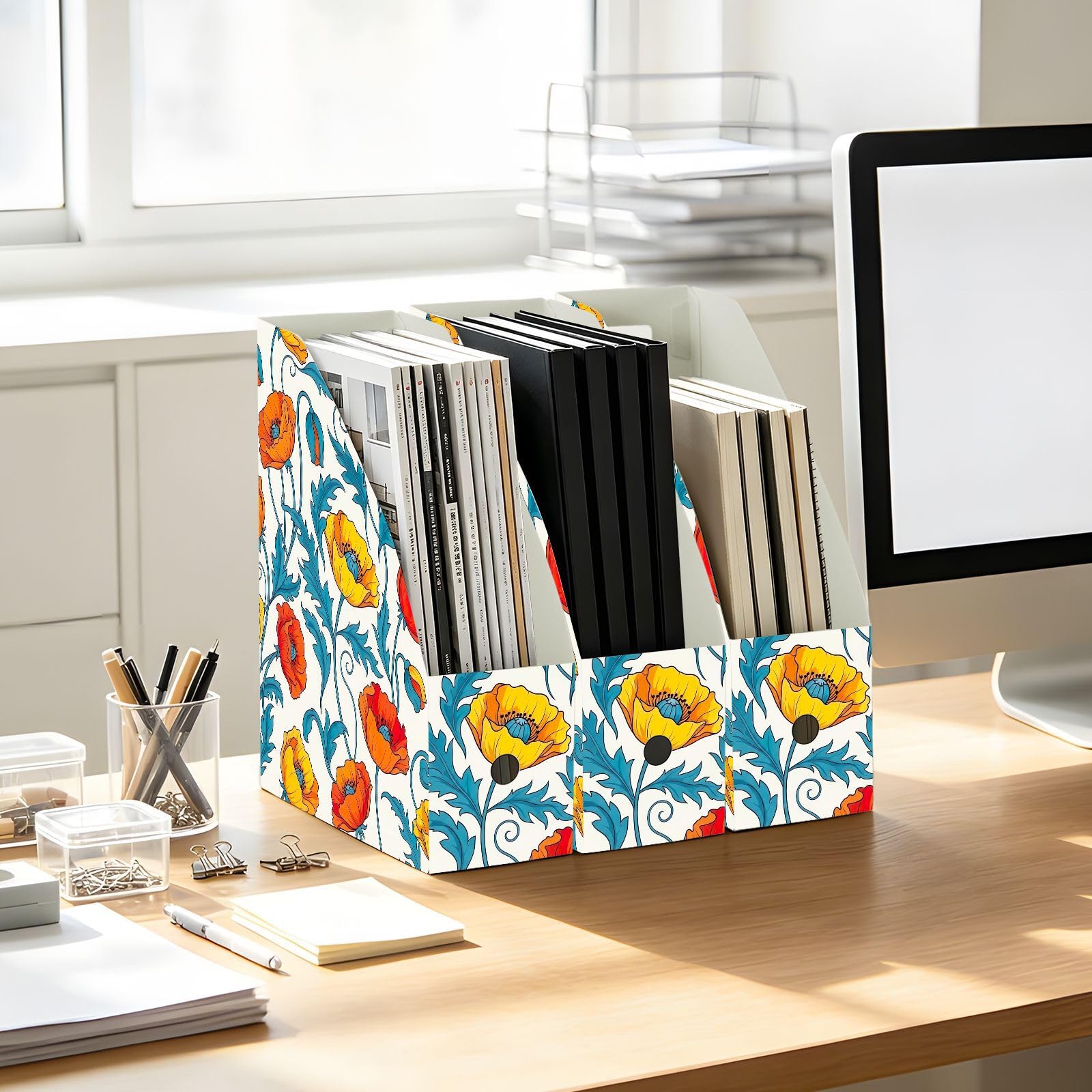 Bonito organizador de papel blanco floral estético para escritorio