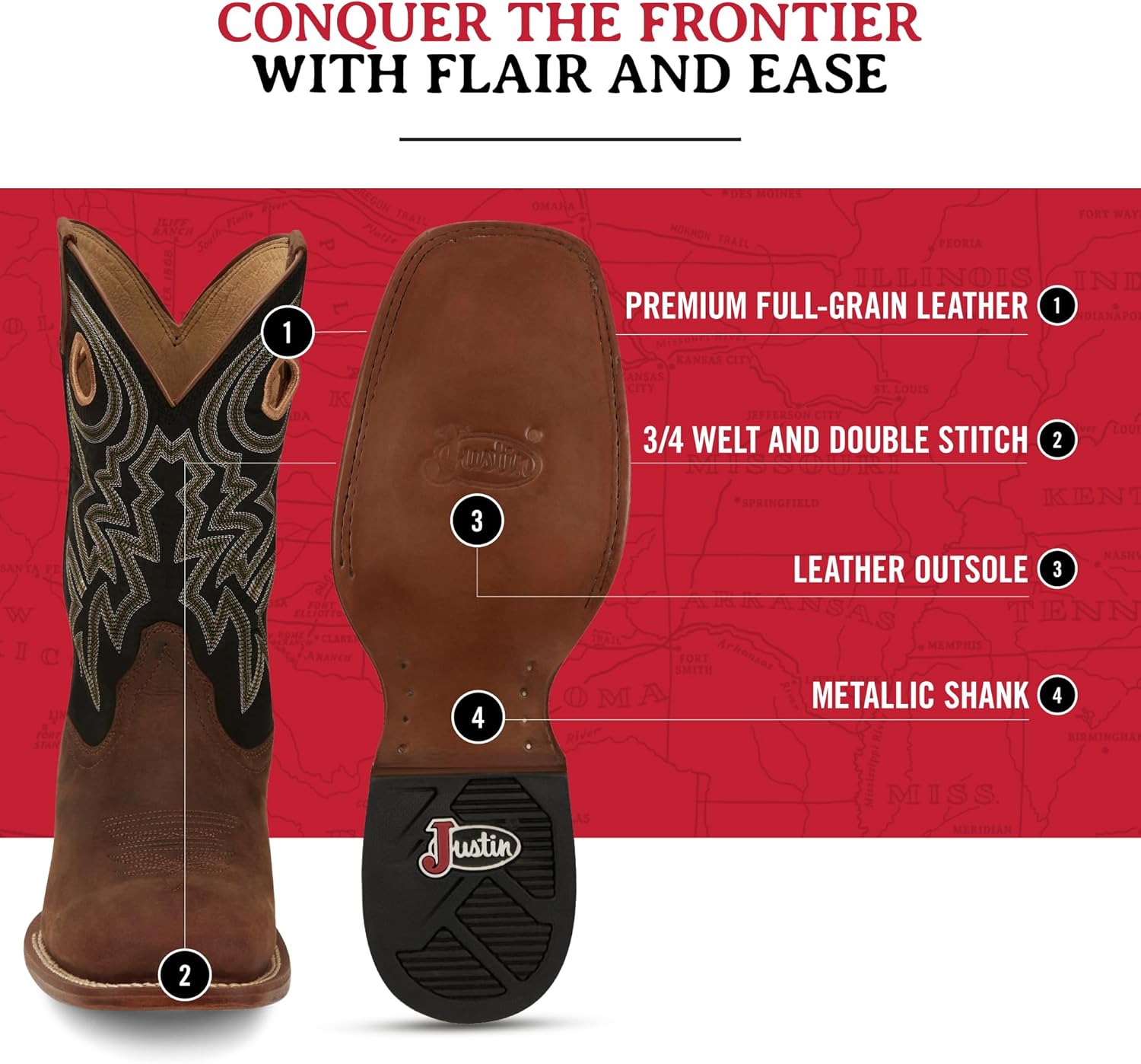 Justin Big News 11” Western Boots for Men - Frontier Collection - Square Toe Leather Men’s Cowboy Boots with Comfort Footbed & Heeled Leather Outsole