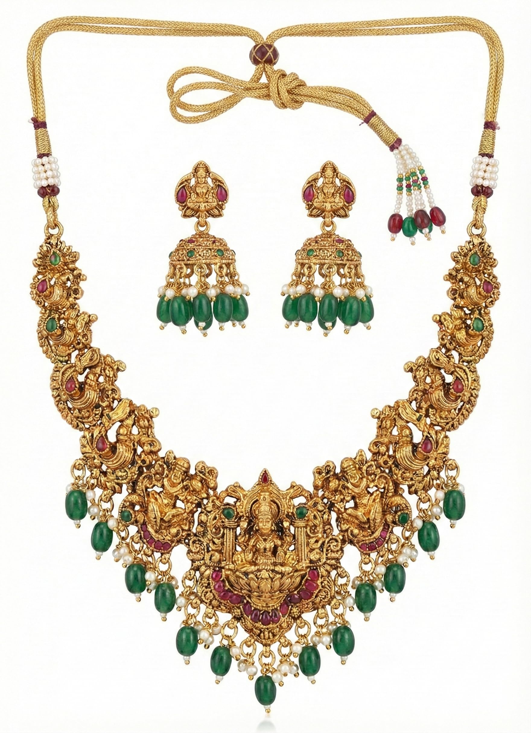 Heavy South Indian Temple Jewellery Set | Antique Gold Plated Lakshmi Necklace with Green Bead Drops & Jhumka Earrings | Traditional Kemp Stone Bridal Jewellery for Women