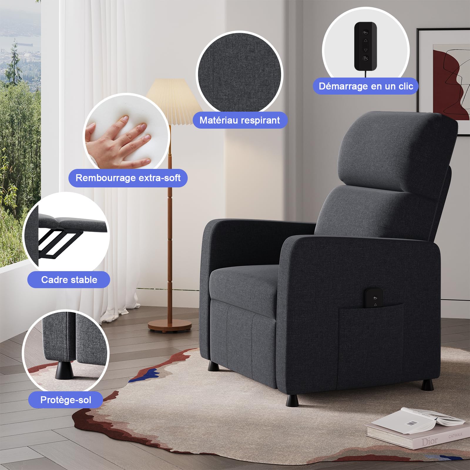 JUMMICO Fauteuil de Relaxation, Fauteuil Inclinable pour Chambre, Fauteuil Relax Électrique avec Dossier Réglable et Repose-Pieds Extensible, Salon et Home cinéma, télécommande