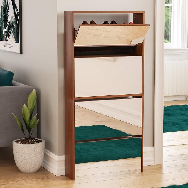 Vida Designs Welham 4 Drawer Mirrored Shoe Cabinet, Hallway Cupboard Storage Organiser, Footwear Stand Rack, Wood Sideboard Unit, Walnut
