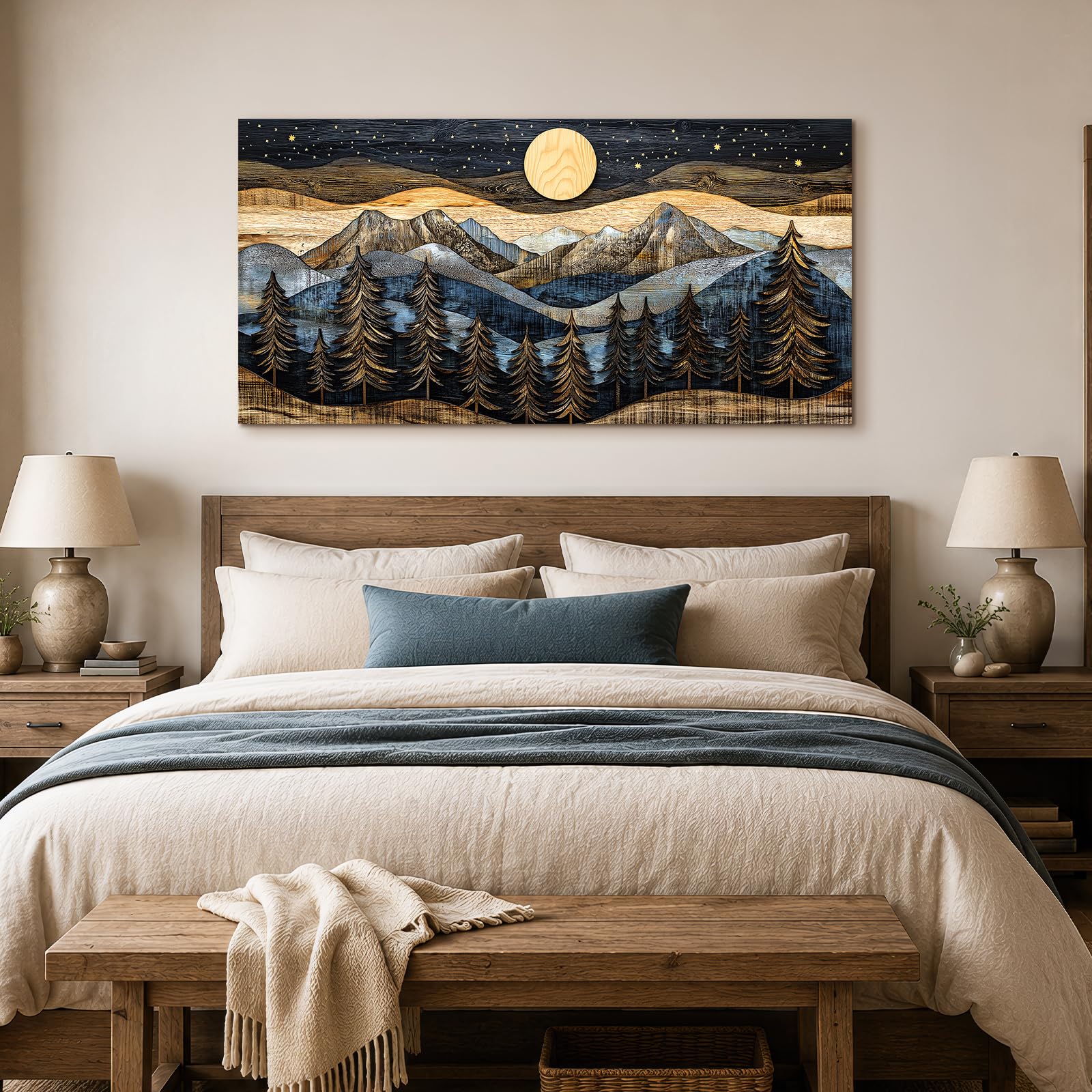hyidecorart Modern Bilder Wohnzimmer Wald Berge Aesthetic Gemälde 73x146 cm | Feine Muster, Kunst, HD-Druck, Große Formate, Einfach Aufzuhängen, Schnellinstallation, Ruhige Wanddeko, Geschenk