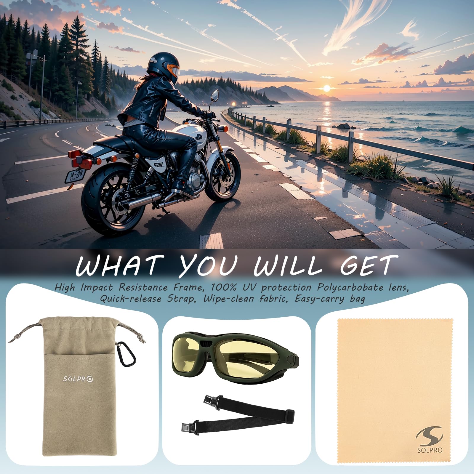 SOL PRO Occhiali di sicurezza anti-appannamento per motociclismo, imbottiti in schiuma, antipolvere, antivento, per caccia, escursionismo, golf