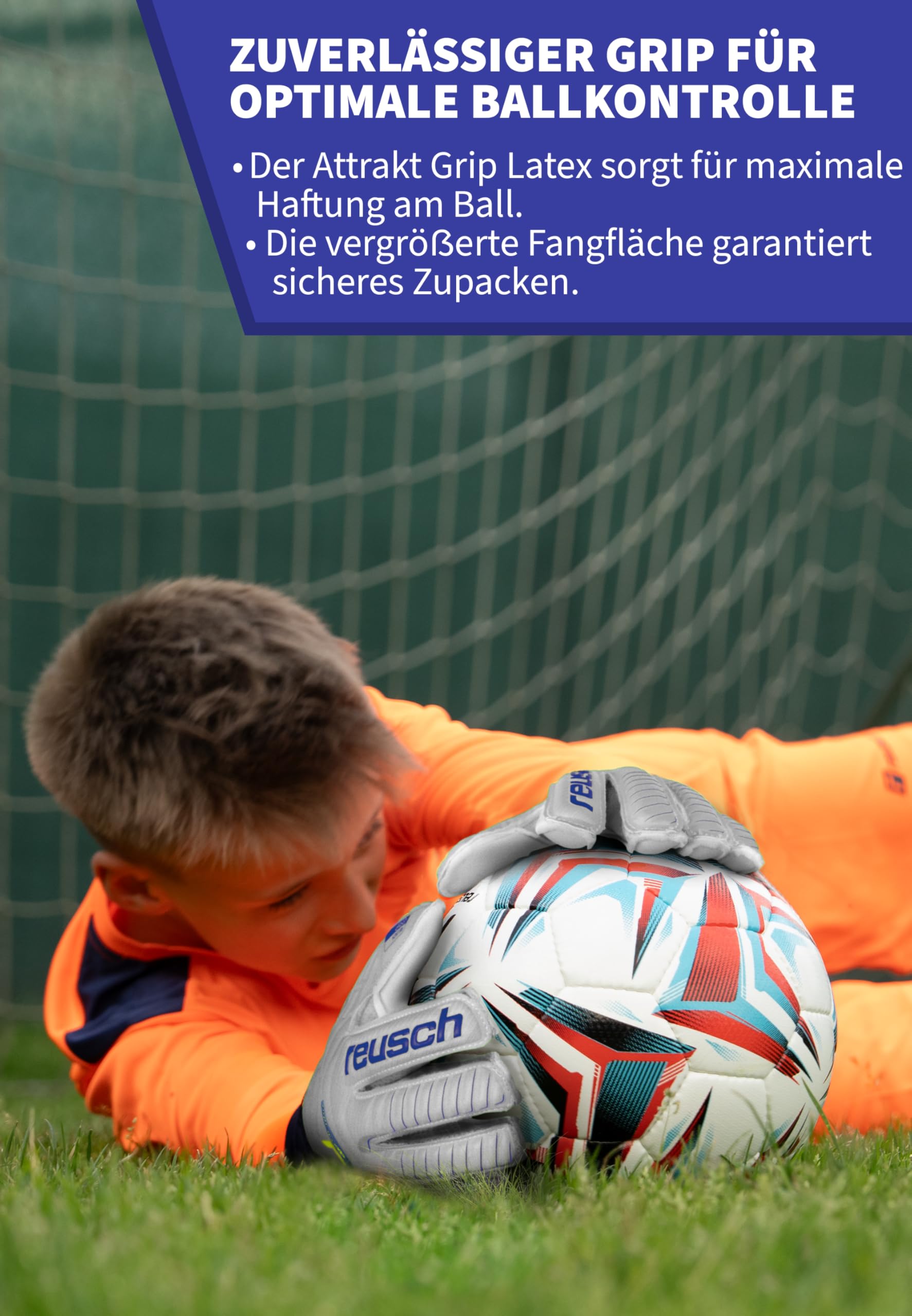Reusch Torwarthandschuhe Kinder Jugendliche | Fingerschutz | zuverlässiger Grip & Atmungsaktivität | für Training & Spiel | Kunstrasen & Naturrasen | Größe 4-8 | Attrakt Grip Finger Support Junior