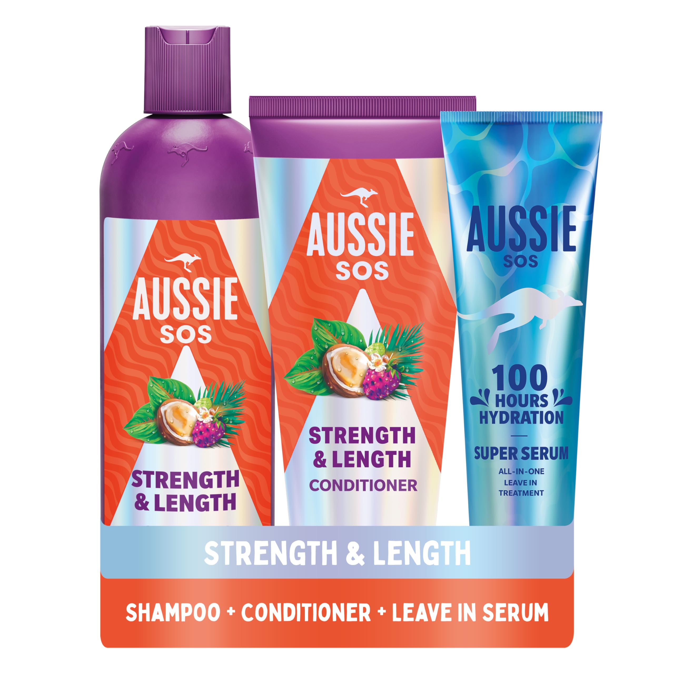 AussieStrength & Length Shampoo, Conditioner & Super Serum Leave in Treatment Set (pack of 3). Hydrate & Strengthen Long, Dry, Damaged Hair. Smooth, Soften, Detangle, Prevent Split Ends & Boost Shine