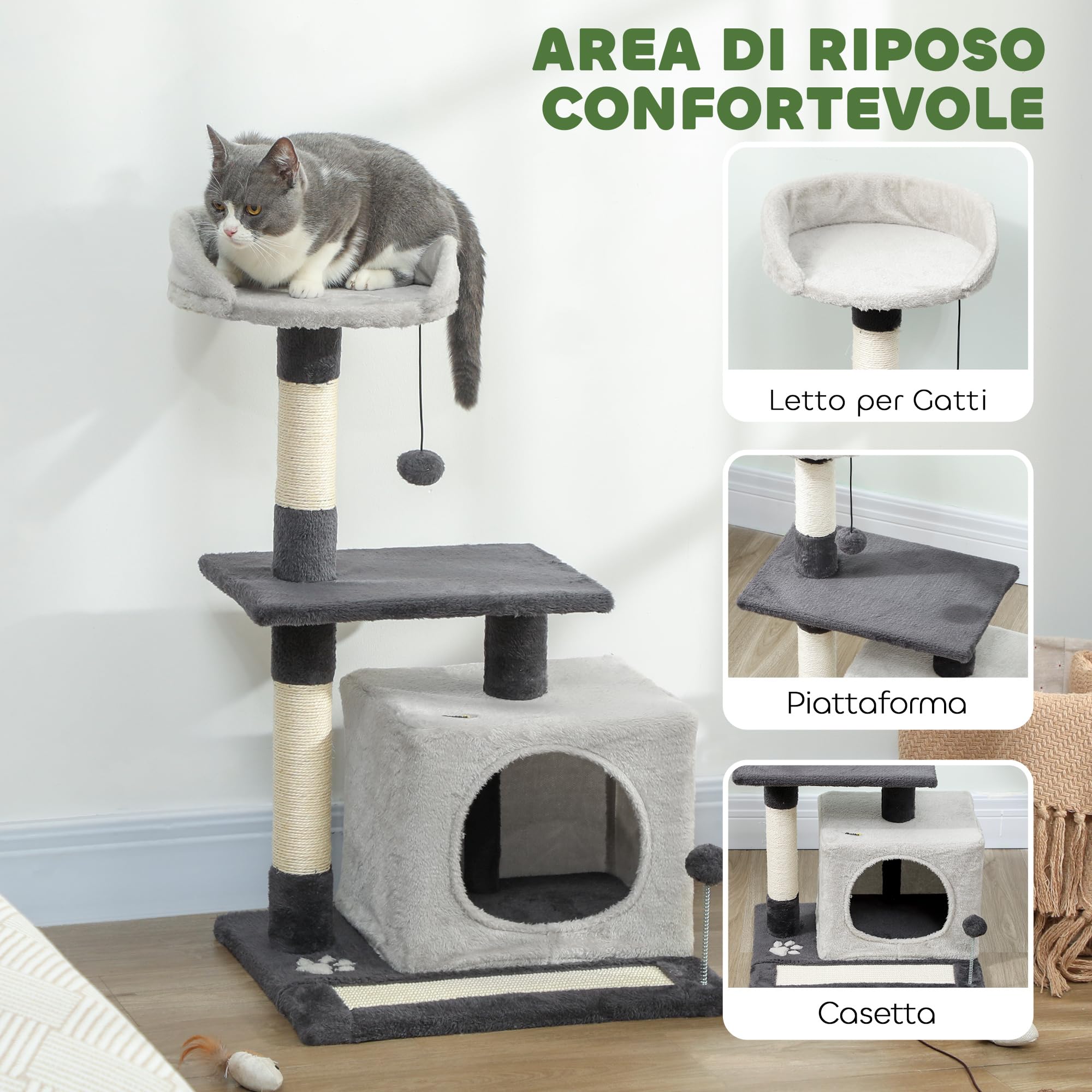 PawHut Albero Tiragraffi per Gatti Alto 85 cm, Torre per Gatti e Gattini con Casetta, Lettino Superiore, Pallina, Pali in Sisal e Tappetino Tiragraffi, Grigio Chiaro