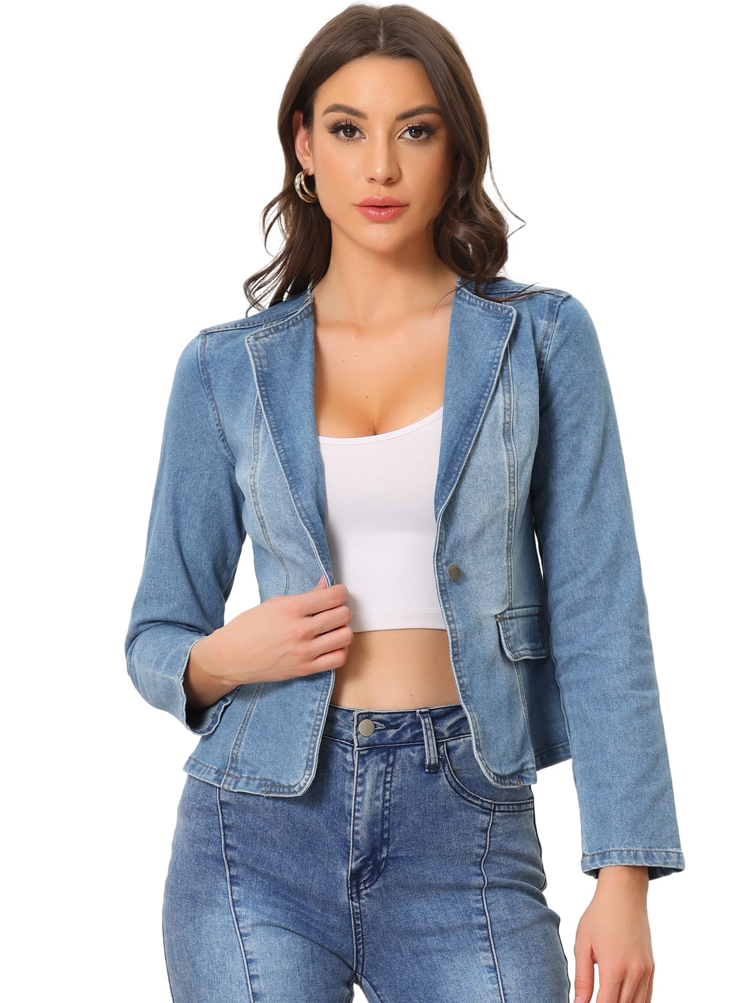 Allegra K Womens Jean Jacket Collarless Long Sleeve One Button Lightweight Denim Blazer Cropped Denim Jacket