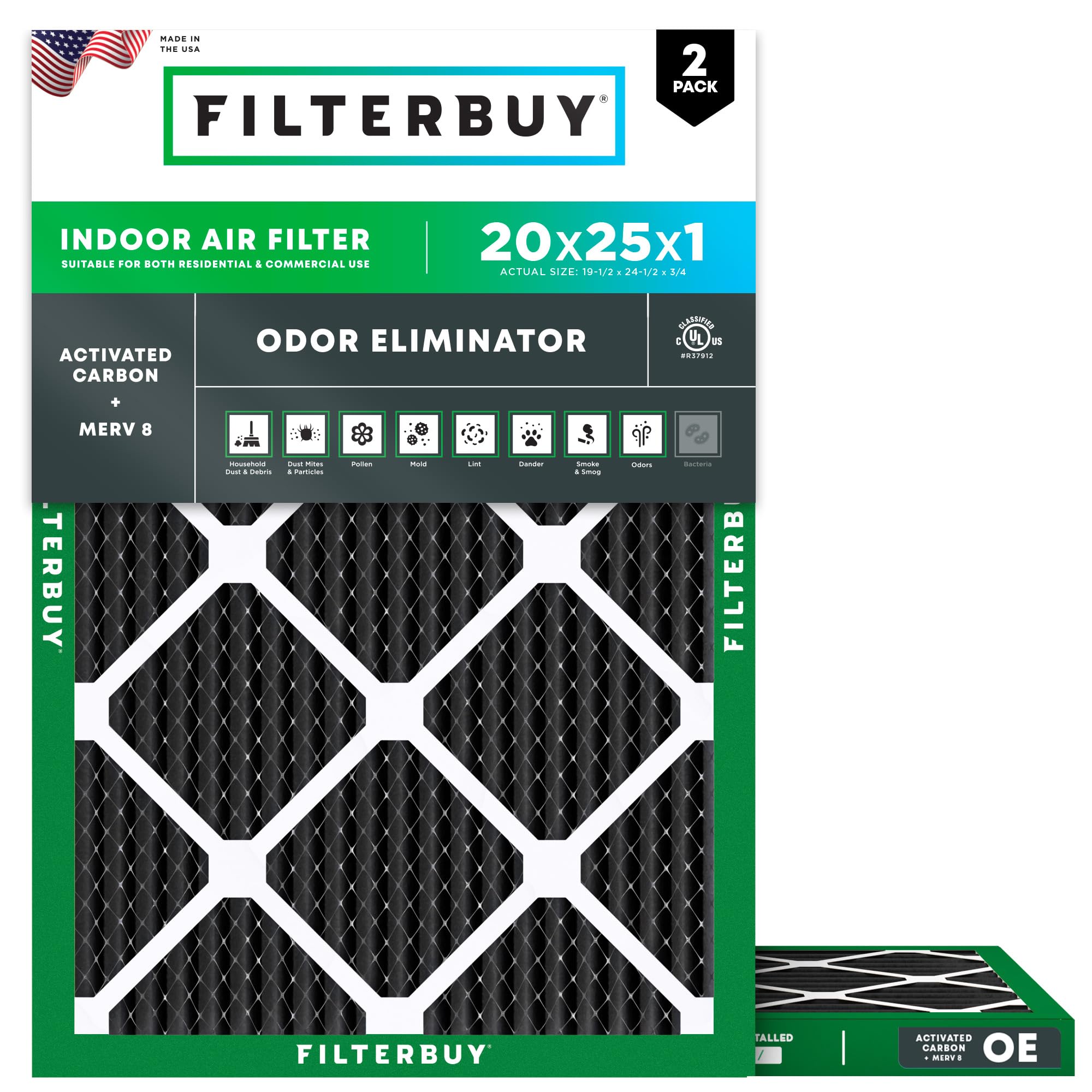Filterbuy 20x25x1 Air Filter MERV 8 Odor Eliminator (2-Pack), Pleated HVAC AC Furnace Air Filters Replacement with Activated Carbon (Actual Size: 19.50 x 24.50 x 0.75 Inches)