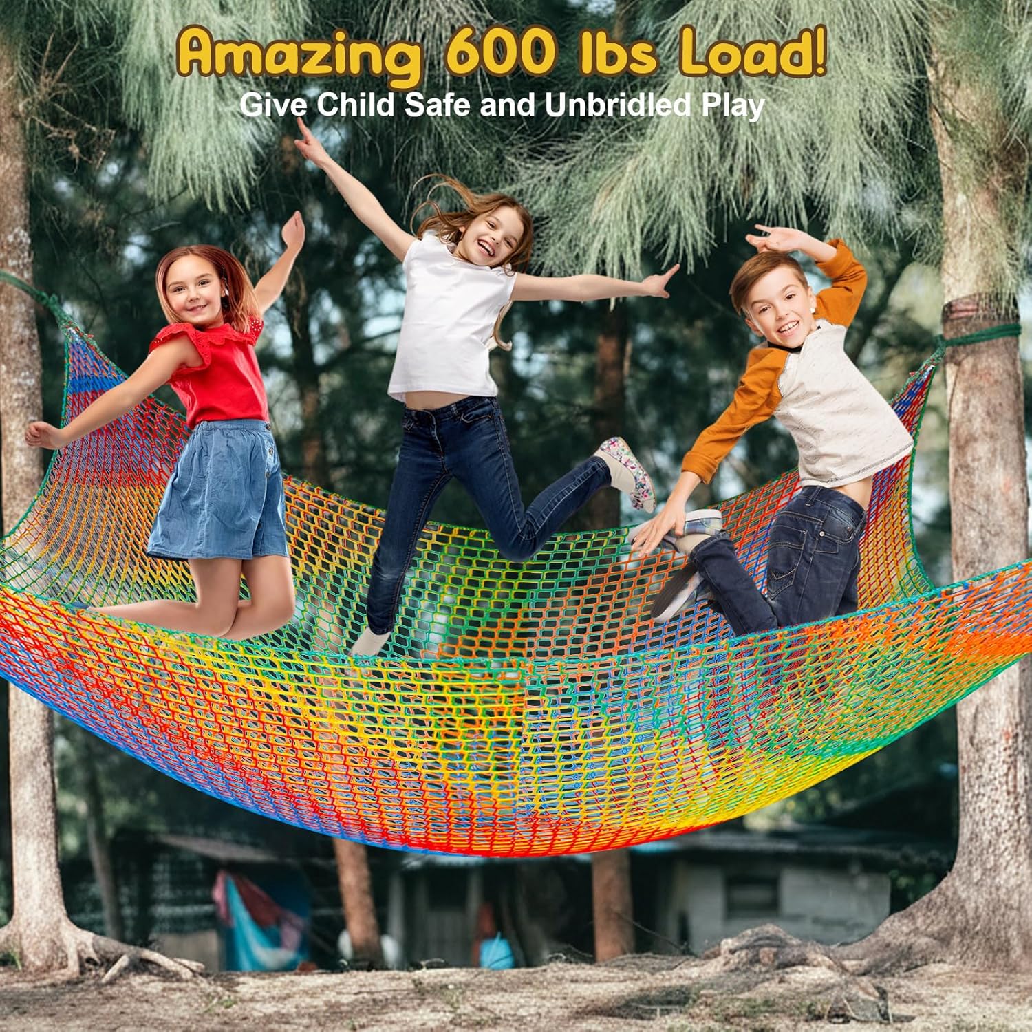 Kids Playground 9.8 x 9.8Ft Climbing Cargo Net - Kids Playground Safety Net,Polyester Double Layers Rope Bridge Net for Tree House and Outdoor Adventure（Rainbow）