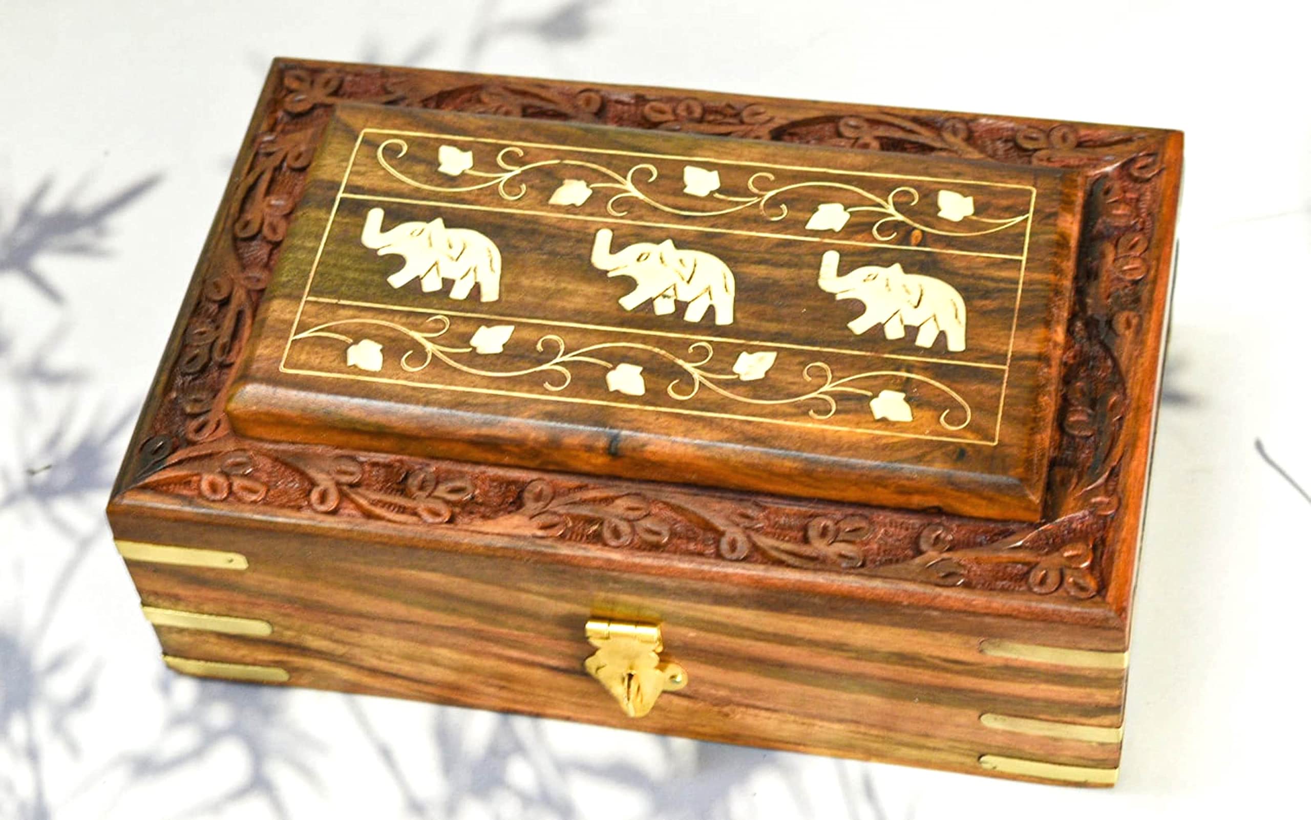 India House Wooden Keepsake Storage Multi Utility Hand Carved Multi-Purpose Box - Jewelry Box (Design 14)