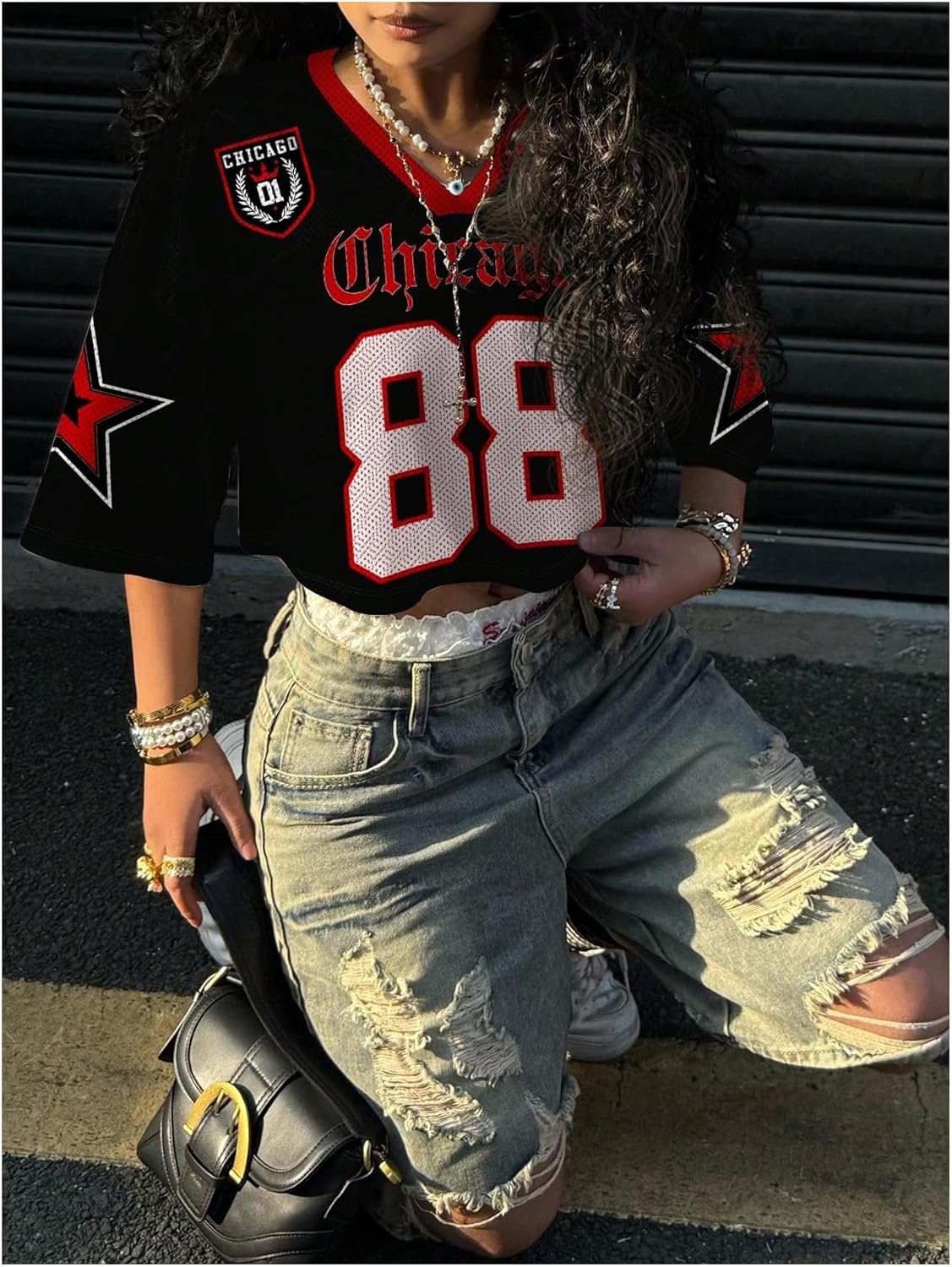 WDIRARA Women's Jersey Shirts Number Graphic Short Sleeve V Neck Tee Loose Crop Top - Image 4