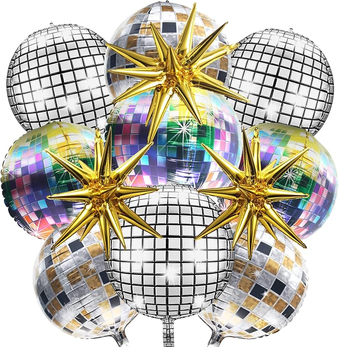 Silver Disco Ball Balloons - 6 Pack 22 Inch Mylar Foil Balloons For Party Decorations