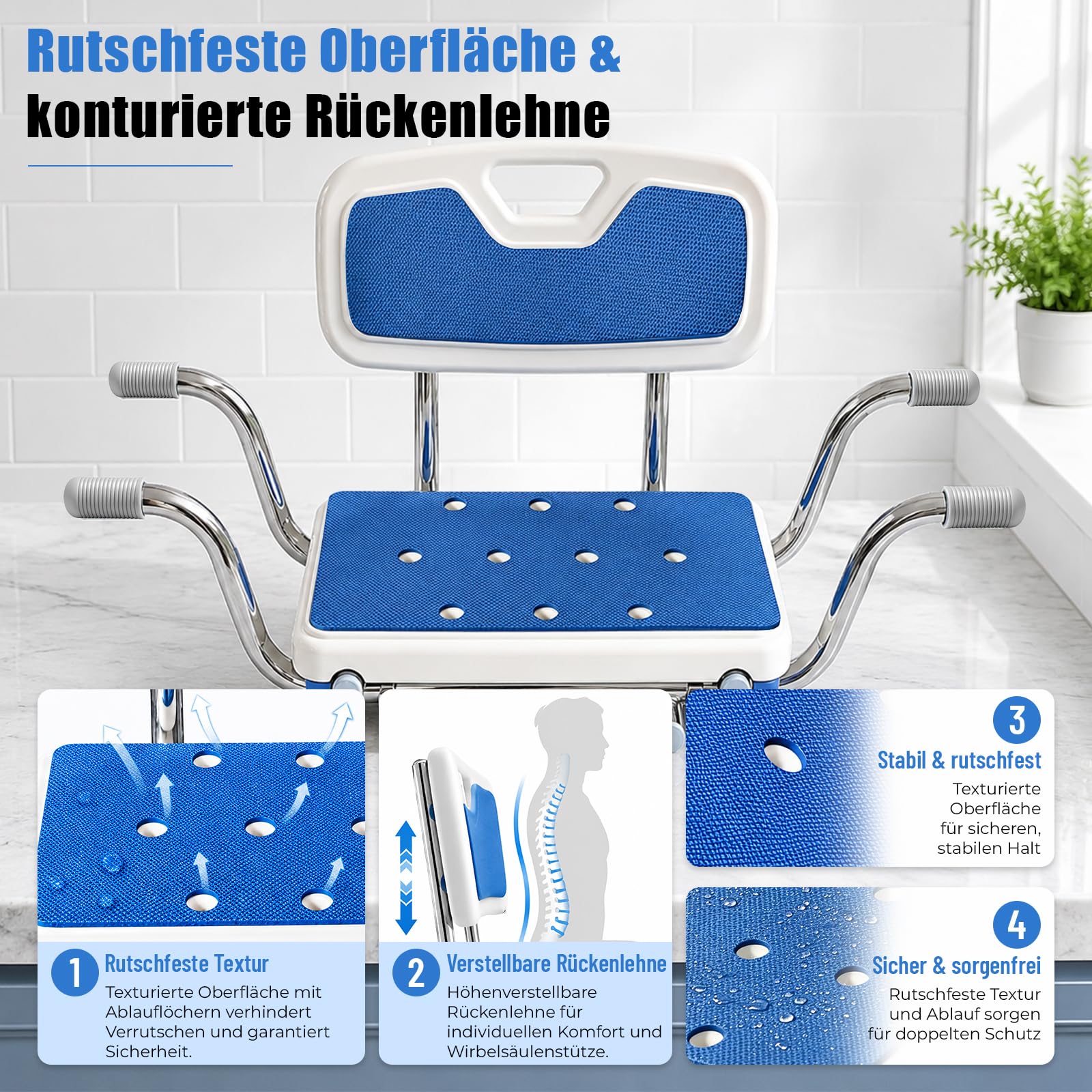 Asiento de bañera, taburete antideslizante para personas mayores con respaldo, soporta hasta 136 kg, silla de bañera para baños familiares, ancho de 76 a 86 cm, variable, para dimensiones interiores