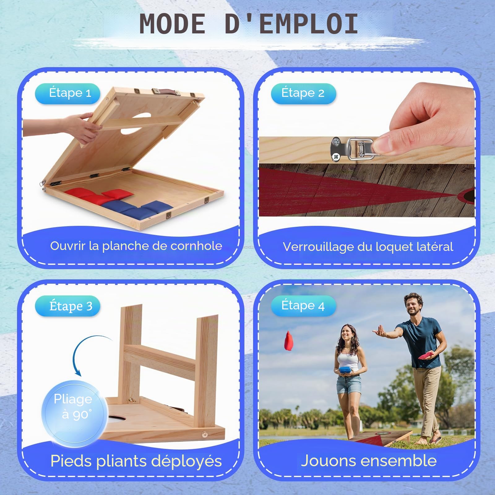 NZQXJXZ Ensemble de Jeu de Cornhole en Bois Massif - 60 x 40 cm Planches de Cornhole Pliables avec 6 poufs et Un Sac de Transport, Jeux de Lancer de poufs Portables pour Adultes et Famille