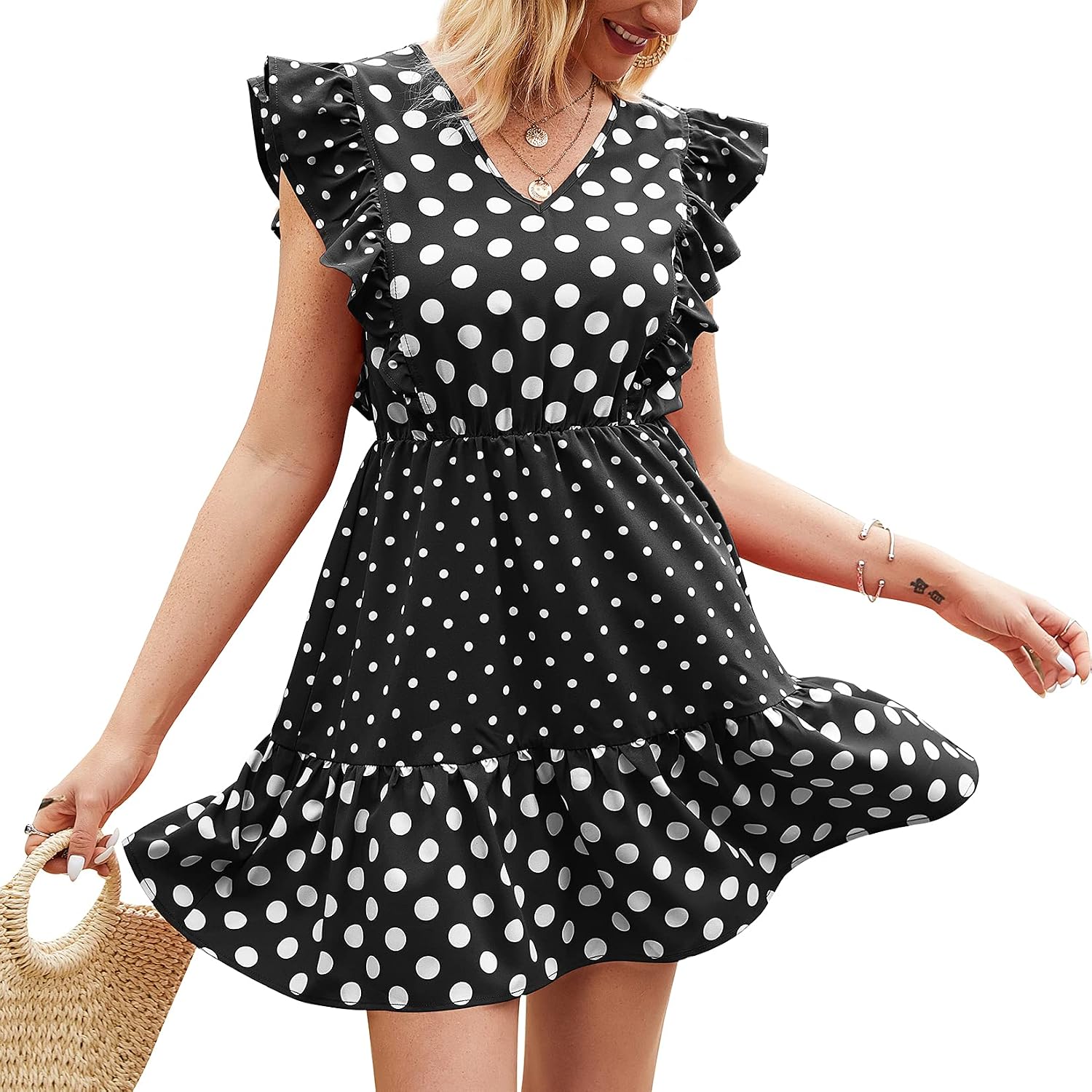Lu's Chic Women's Dress V Neck Dresses Ruffle Polka Dot Mini Casual Short Summer Swing Sleeveless Cap Sleeve Flowy Ladies Print Work Cocktail Party A Line Black X-Large