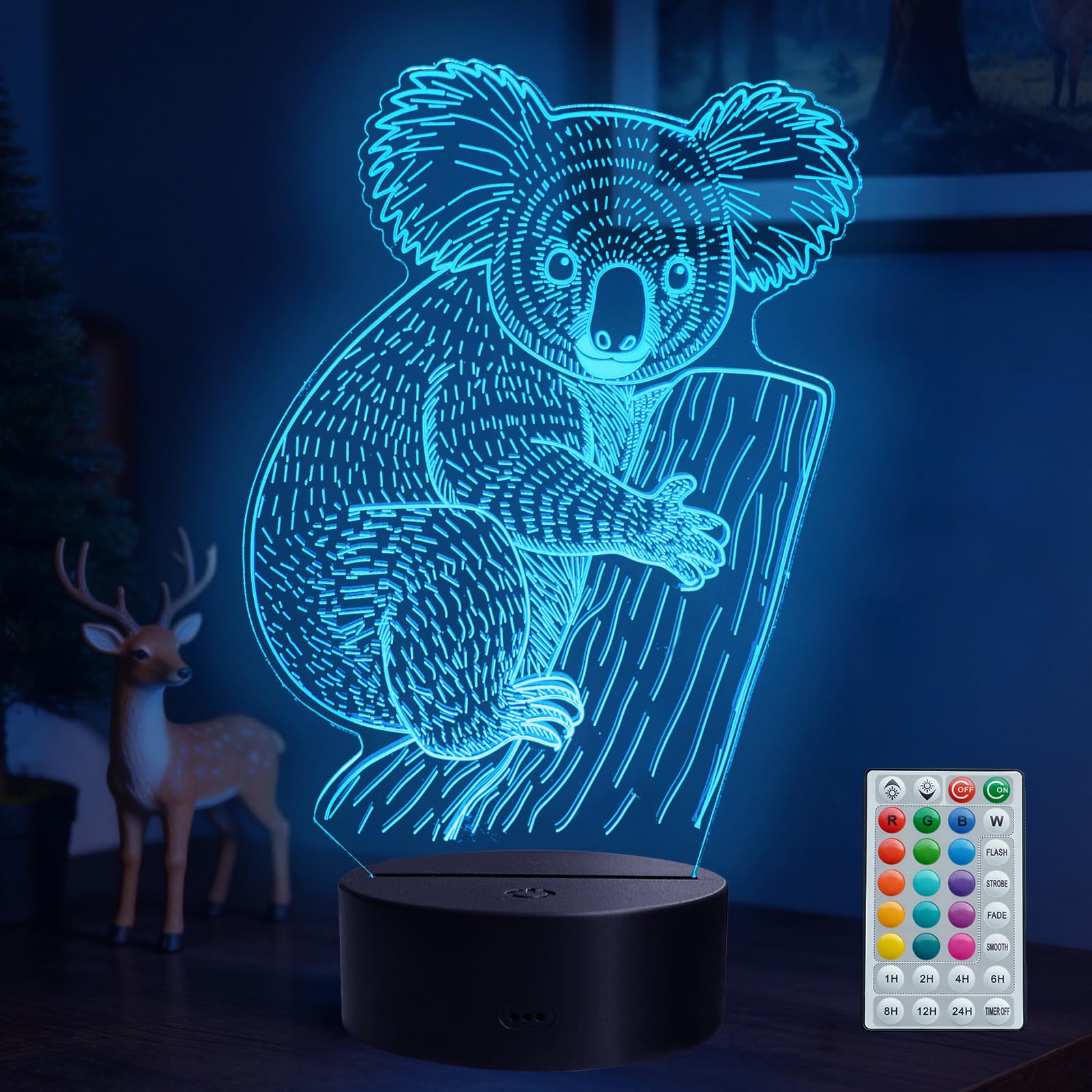 POSSHE Koala Night Light, Koala Gifts with Remote Control, 16 RGB Colors, 4 Flashing Modes, Timer, Dimmable, Cute Animal 3D Illusion Lamp for Decor for Holiday Birthday Christmas