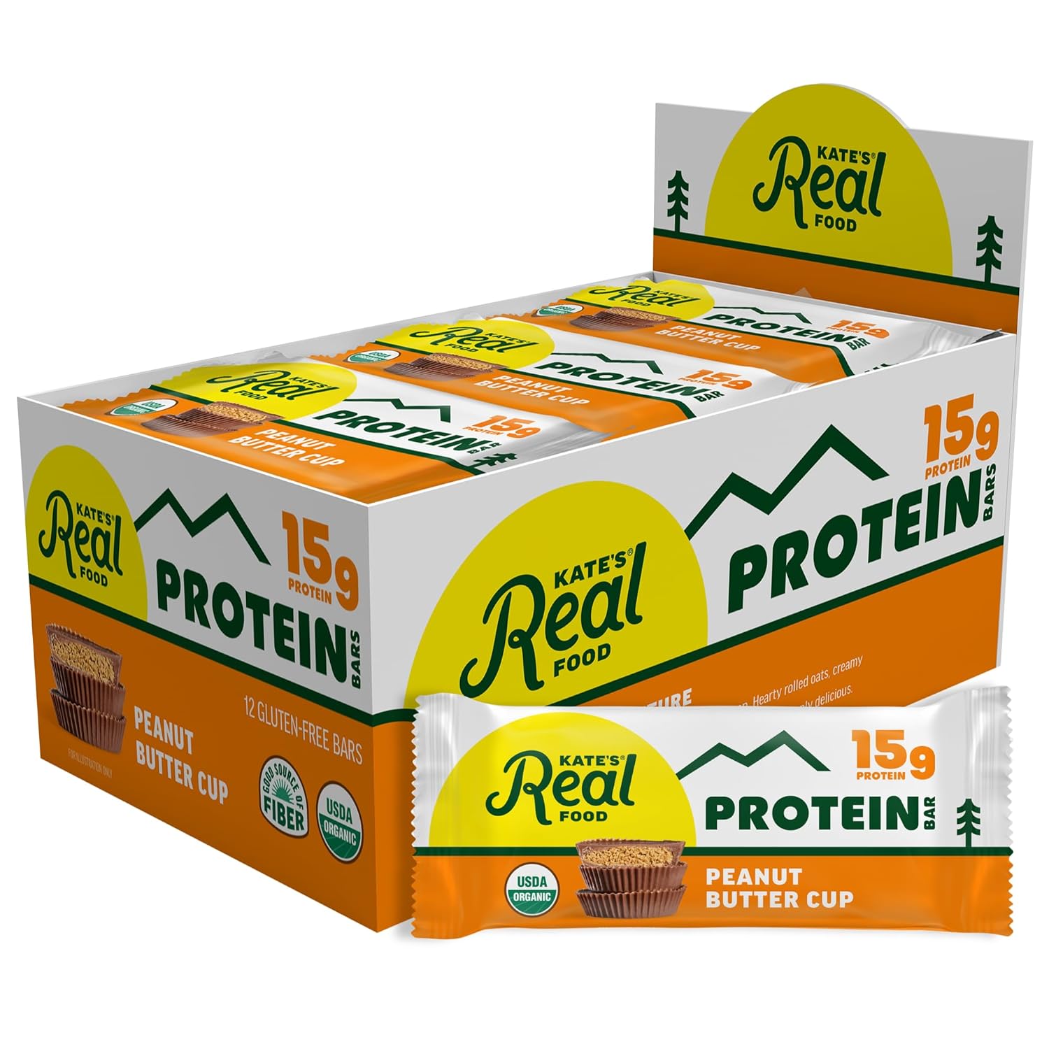 Kate’s Real Food Organic Protein Bars – (Peanut Butter Cup, 2.2 oz, Pack of 12) – Plant Based Protein Bars - Gluten Free, Soy Free, Non GMO, Whole Grains, and All Natural