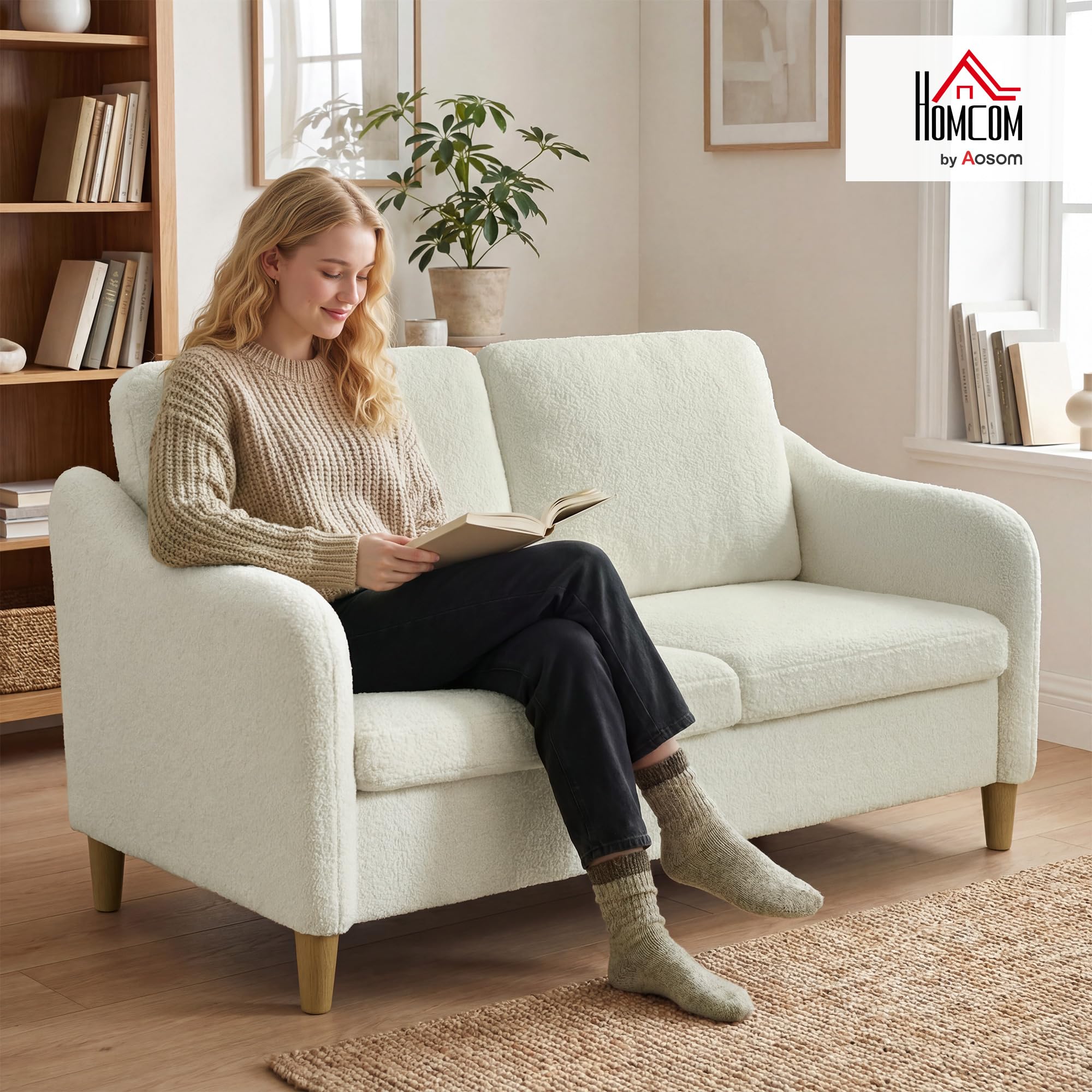 HOMCOM Sofa 2 Sitzer mit Sherpa-Fleece-Optik 137 cm Cremeweiß | Kleine Couch, Dick Gepolstert, Modernes Polstersofa, Doppelsofa, Wohnzimmer, Schlafzimmer
