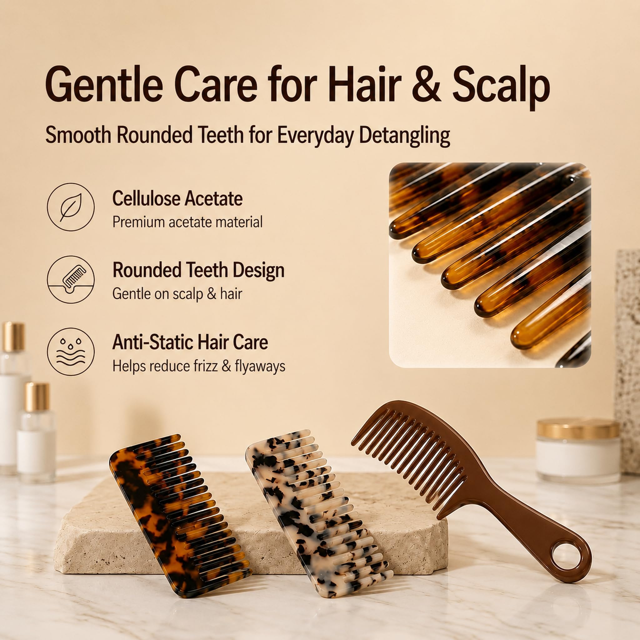 Peine de dientes anchos para rizos y cabello grueso, peine desenredante, acetato de celulosa, antiestático, 6 pulgadas, uso húmedo/seco, paquete de 2