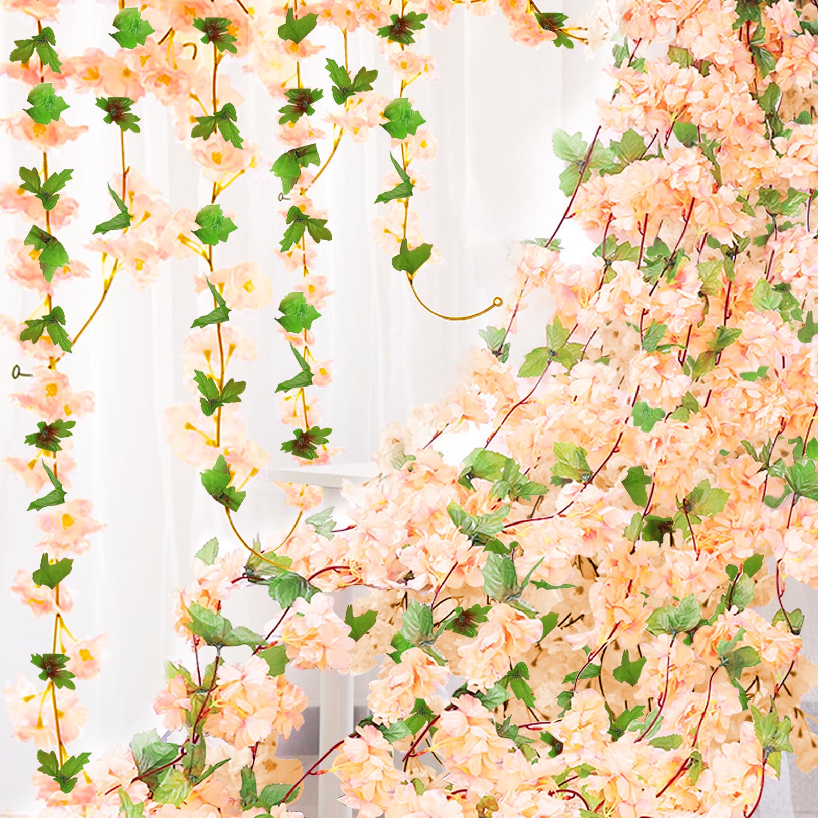 Bacucine Champagne 6Pcs Artificial Cherry Blossom Flower Vines Fake Cherry Blossom Flower Hanging Flower Vine Faux Sakura For Home Wedding Party Decor (Champagne)