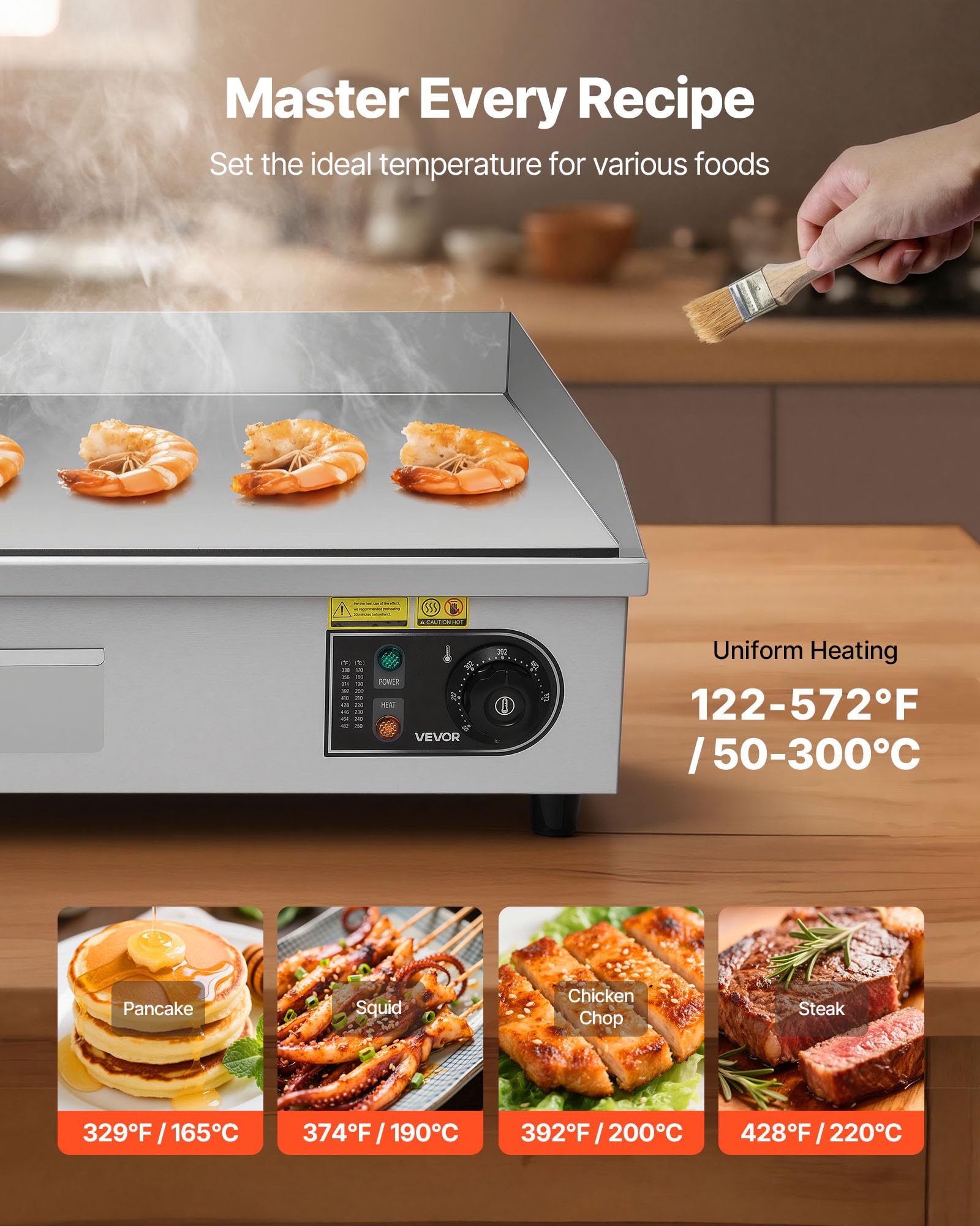 VEVOR Plancha Eléctrica Profesional 725x400 mm 4400 W, Termostato Ajustable de 50 a 300 °C, Placa con Protección contra Salpicaduras, Cuerpo de Acero Inoxidable, para Uso en Interiores y Exteriores