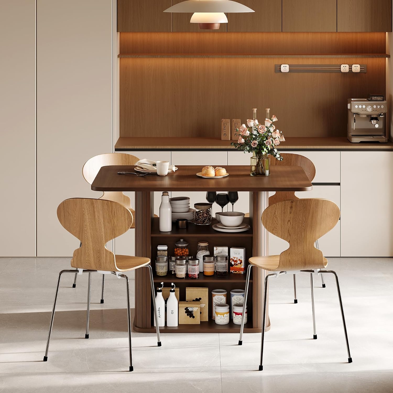 Dining Table for 4, Small Rectangular Kitchen Table for 2 with 3-Tier Storage Shelf, Farmhouse Modern Fluted Wood Table (Walnut)