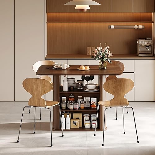 Miniatura 4 de Mesa de comedor para 4, pequeña mesa de cocina rectangular para 2 personas con estante de almacenamiento de 3 niveles, mesa moderna de madera