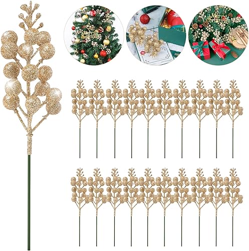 Paquete de 20 tallos de bayas navideñas con purpurina de 7.8 pulgadas para decoración de árbol de Navidad, púas artificiales para adornos de árbol