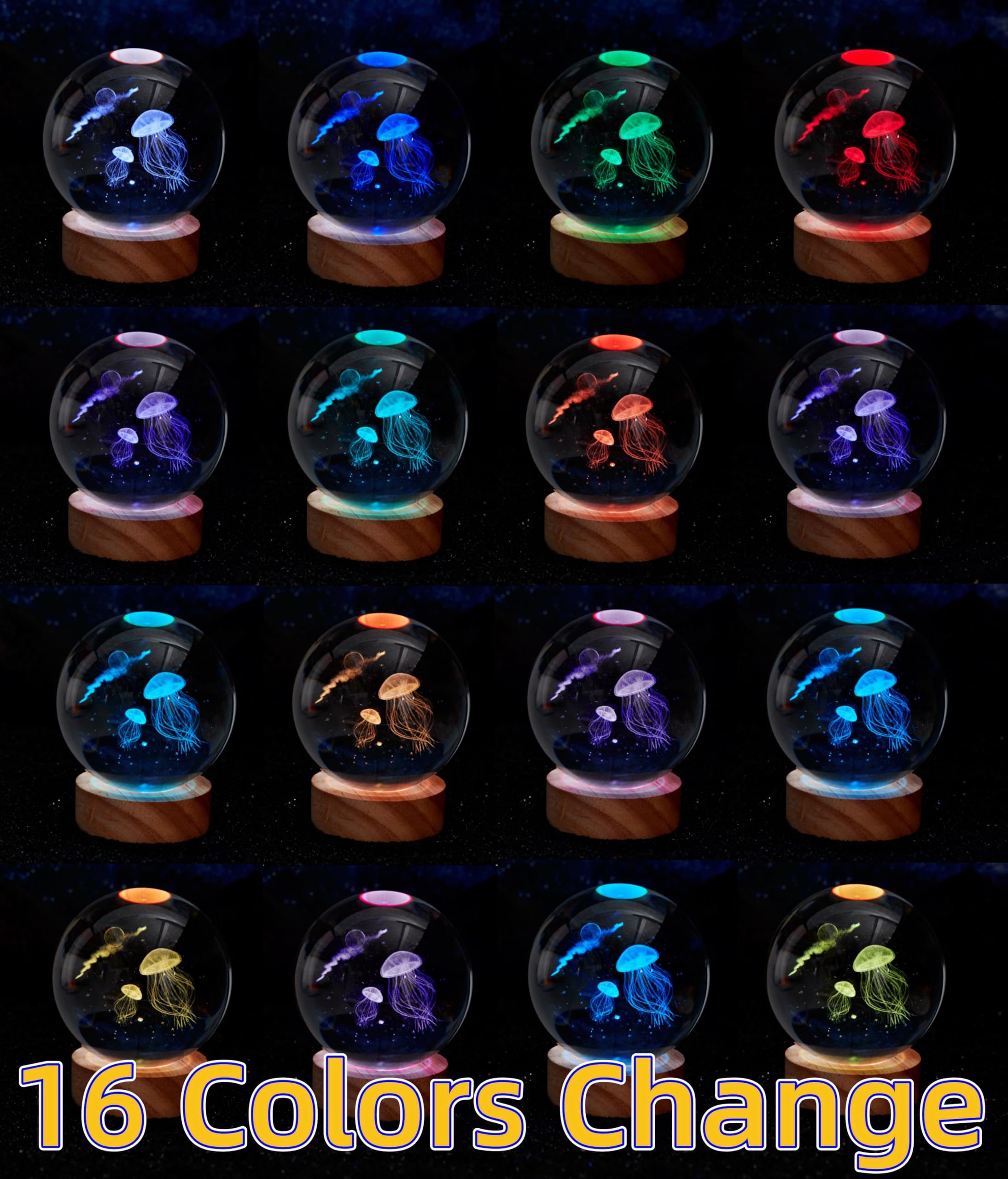 3D Jellyfish Crystal Ball Lamp, Upgraded 3.15 Inch Jellyfish Crystal Ball Night Light with 16 Colors LED Wooden Base, Remote Control, Gift Box Packaging, Home Decor Gift for Friends (Jellyfish)