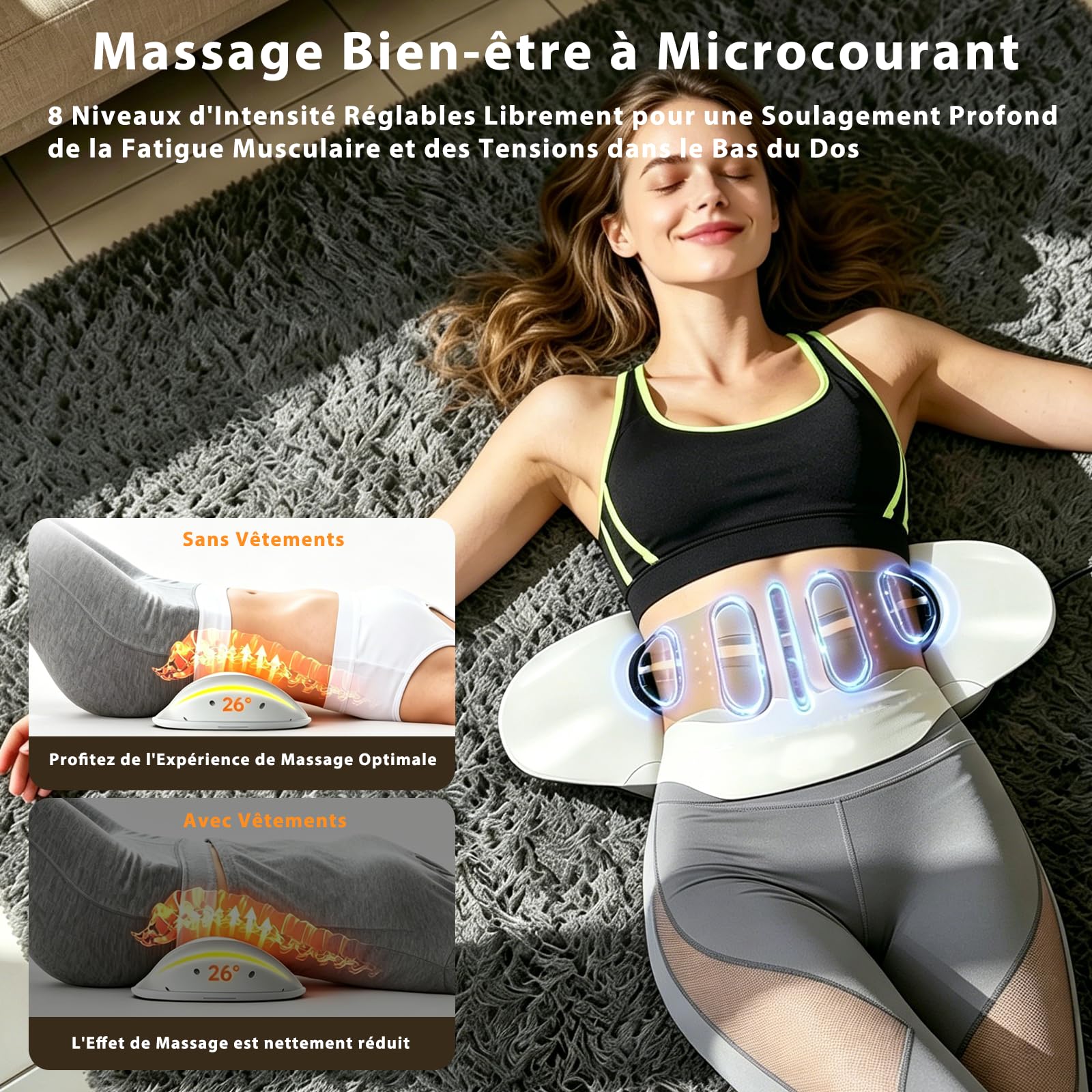 4 en 1 Appareil de Massage Lombaire électrique, 3 Niveaux Appareil de Massage Dorsal Sans Fil avec Traction 26°par Airbag, Compresse Chaude, Electrothérapie EMS à 8 Niveaux, par Vibrations