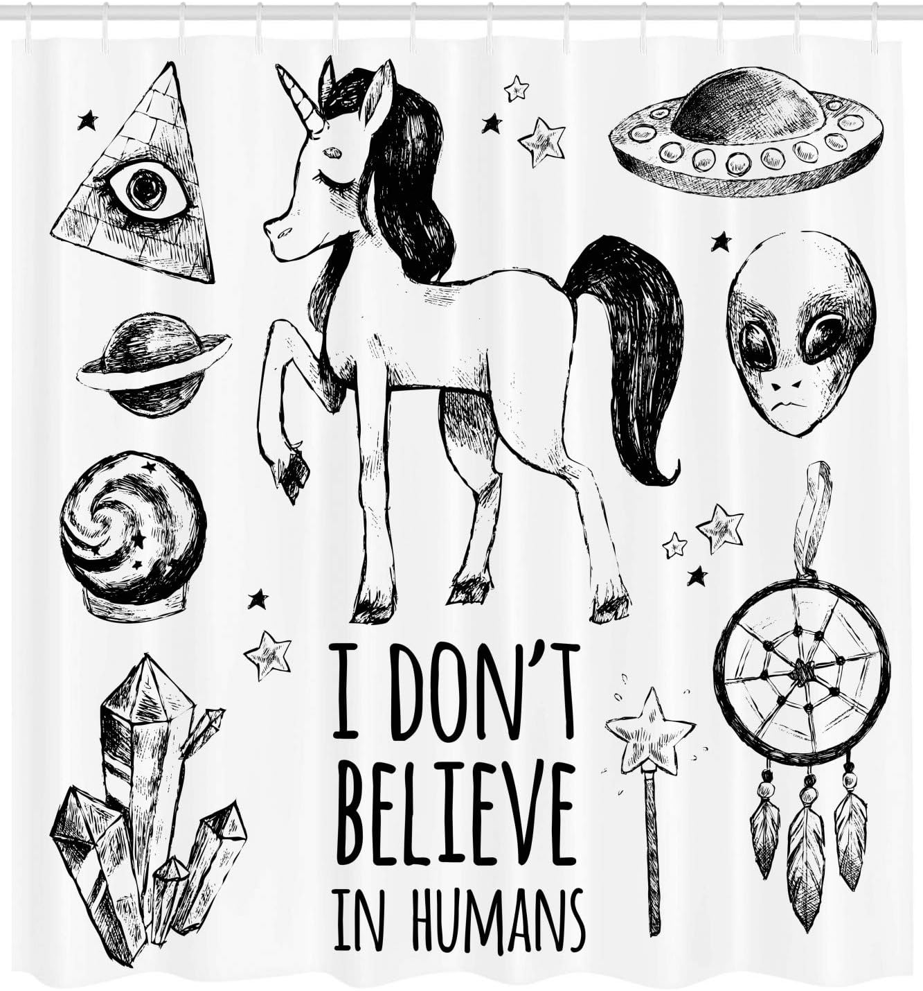 Ambesonne Unicorn Shower Curtain, I Don't Believe in Humans Art with Pyramids Aliens Dreamcatcher Planets Grunge Print, Cloth Fabric Bathroom Decor Set with Hooks, 69" W x 75" L, Black