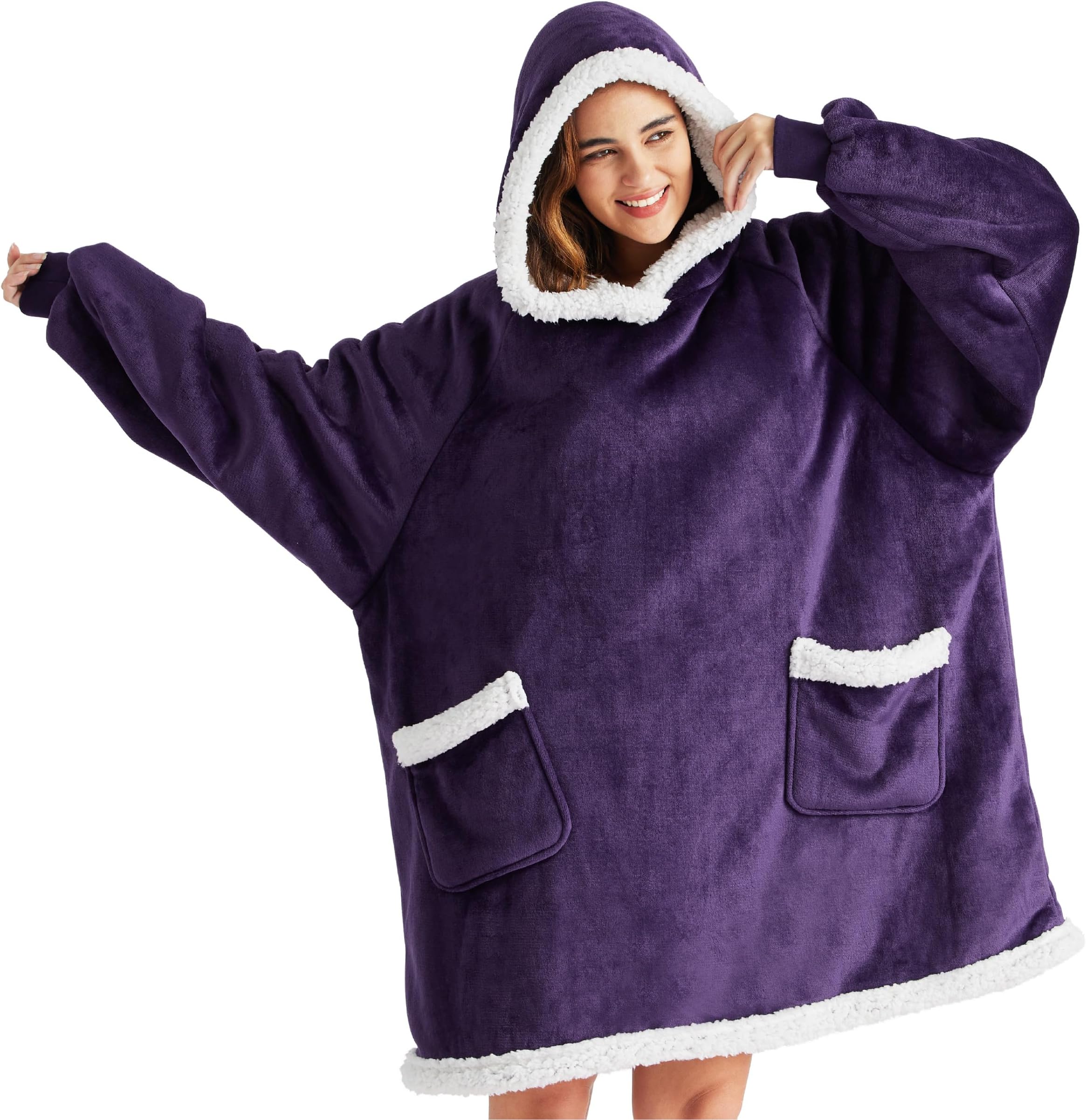 Bedsure Blanket Hoodie, Wearable Blanket Hoodie as Gifts for Mom, Birthday Gifts for Women Kids Teens Sherpa Sweatshirt, Ultra Violet, Standard