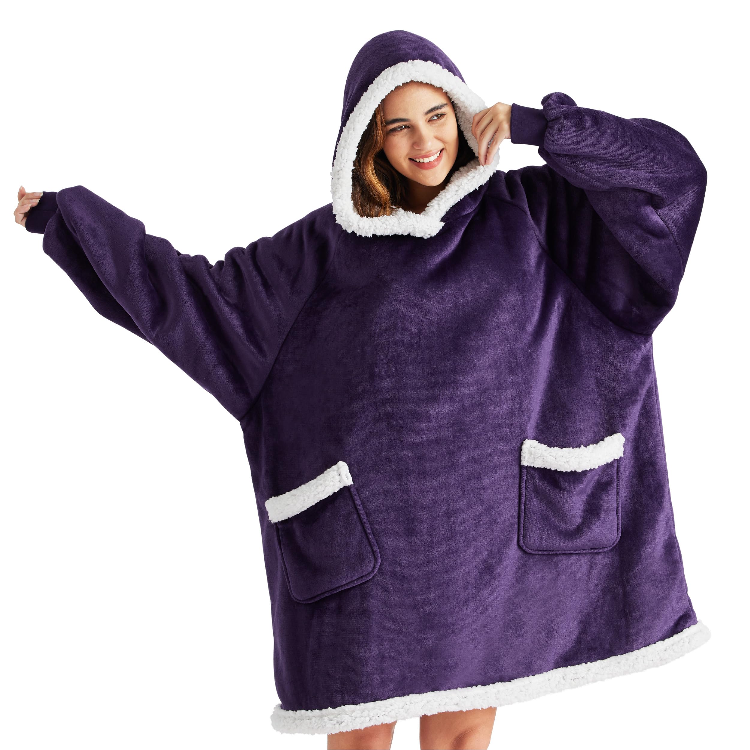 Bedsure Blanket Hoodie, Wearable Blanket Hoodie as Gifts for Mom, Birthday Gifts for Women Kids Teens Sherpa Sweatshirt, Ultra Violet, Standard