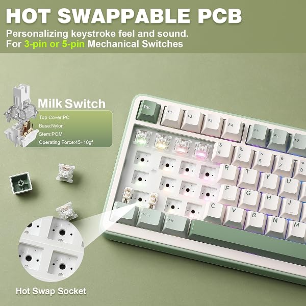 YUNZII B75 PRO Wireless Mechanical Keyboard,75% Gaming Keyboard Gasket Hot Swap Custom Keyboard with Knob,Pre-lubed Switches RGB,Bluetooth/Type-C/2.4G (Matcha Green, Milk Switch) - 5