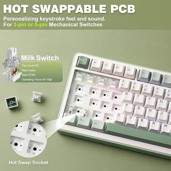 YUNZII B75 PRO 75% Wireless Mechanical Keyboard (Matcha Green,Milk Switch)