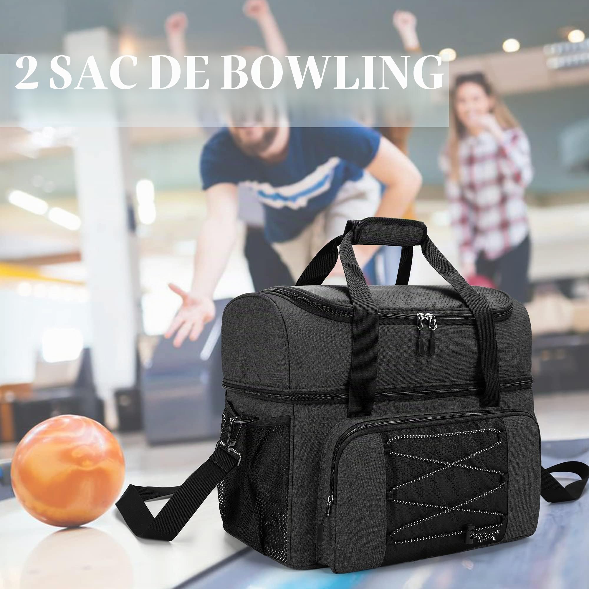 DSLEAF Sac de Bowling pour 2 Boules Fourre-Tout Bowling avec Gobelets en Bois et Séparateur Rembourré