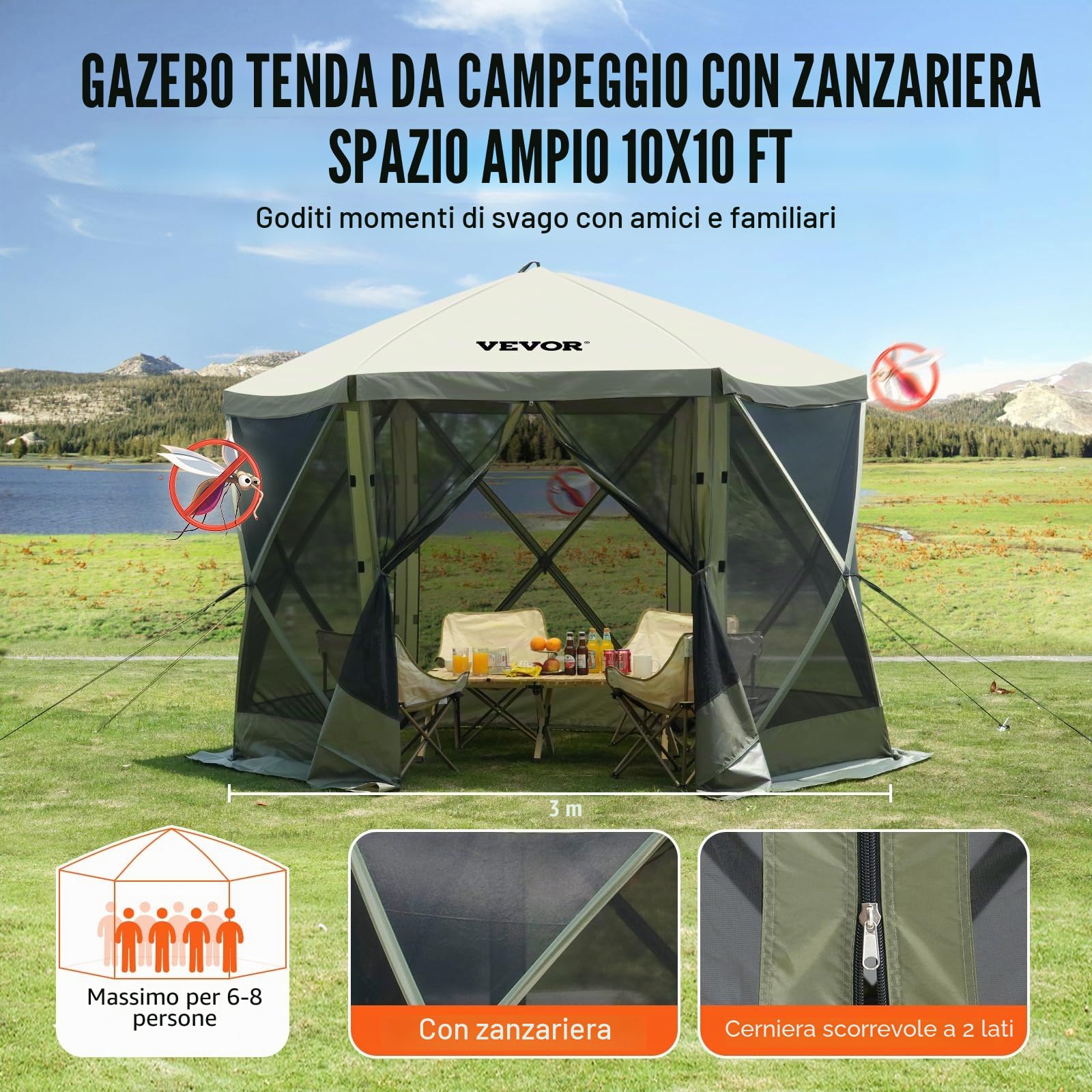 VEVOR Gazebo Pop-Up, Tenda con Schermo Pop-Up, Baldacchino su 6 Lati, Riparo da Sole 6 Panni Antivento Rimovibili Finestre in Rete, con Zanzariera Schermo a Montaggio Rapido 3,05 x 3,05 m Verde