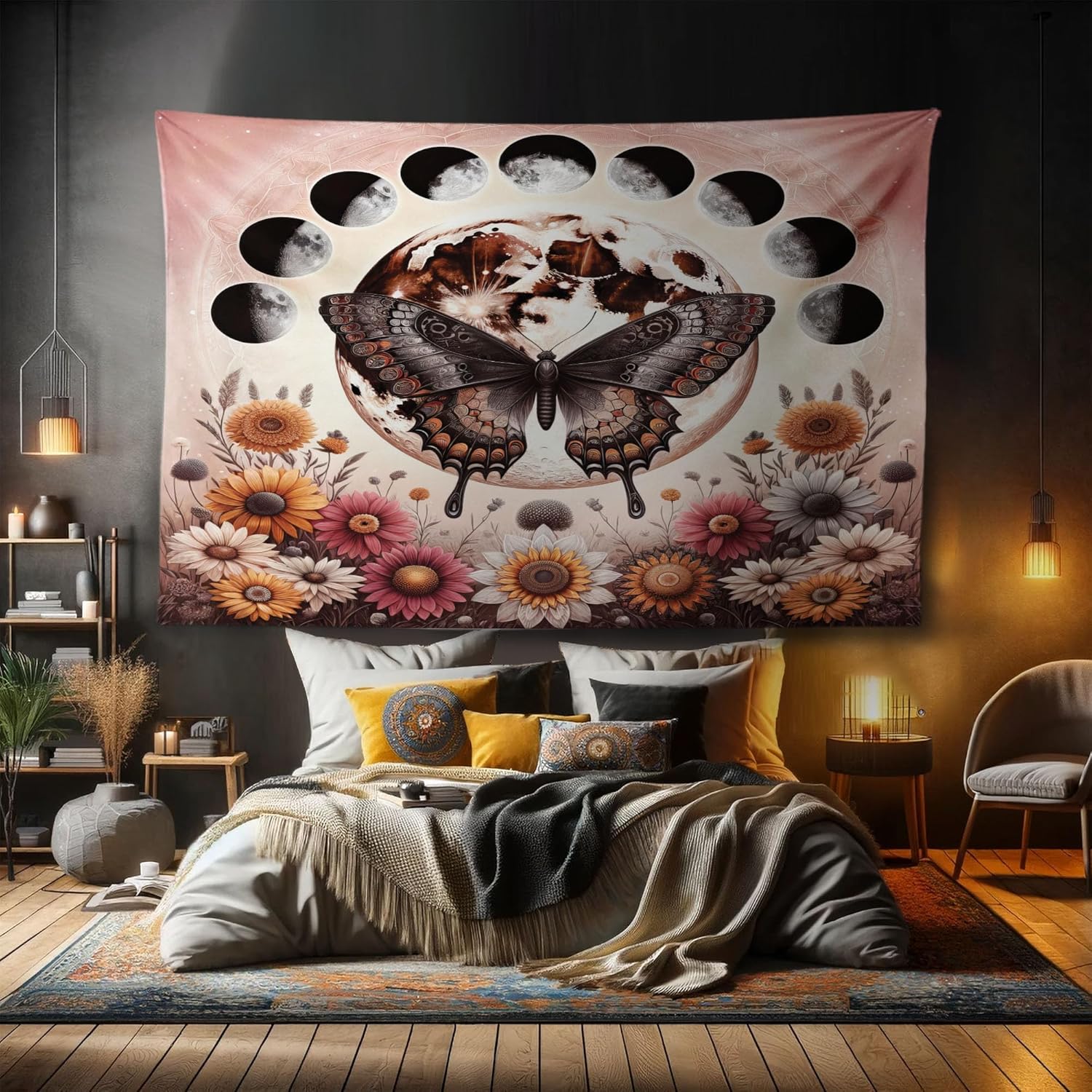 Ambesonne Boho Tapestry, Springtime Butterfly Art with Delicate Floral Garden and Dreamy Moon Circle, Fabric Wall Hanging Decor for Bedroom Living Room Dorm, 90" X 60", Pale Ruby Dark Taupe