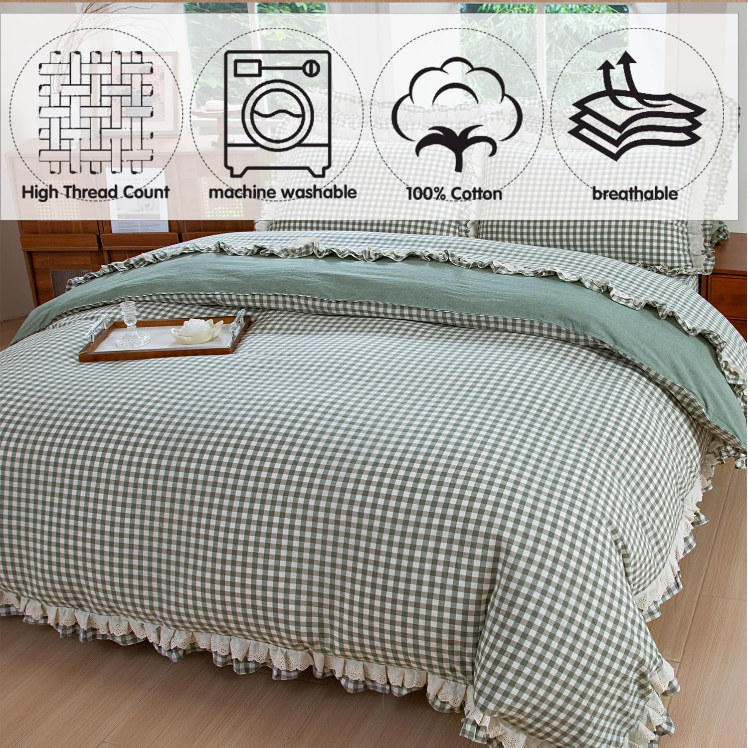 FADFAY Queen 100% Washed Cotton Olive Green Gingham Ruffle Duvet Cover Set | Soft, Breathable, Crisp, Hidden Zipper Closure, 8 Corner Ties, Farmhouse Cottage, Linen-like Texture, Checkered Design