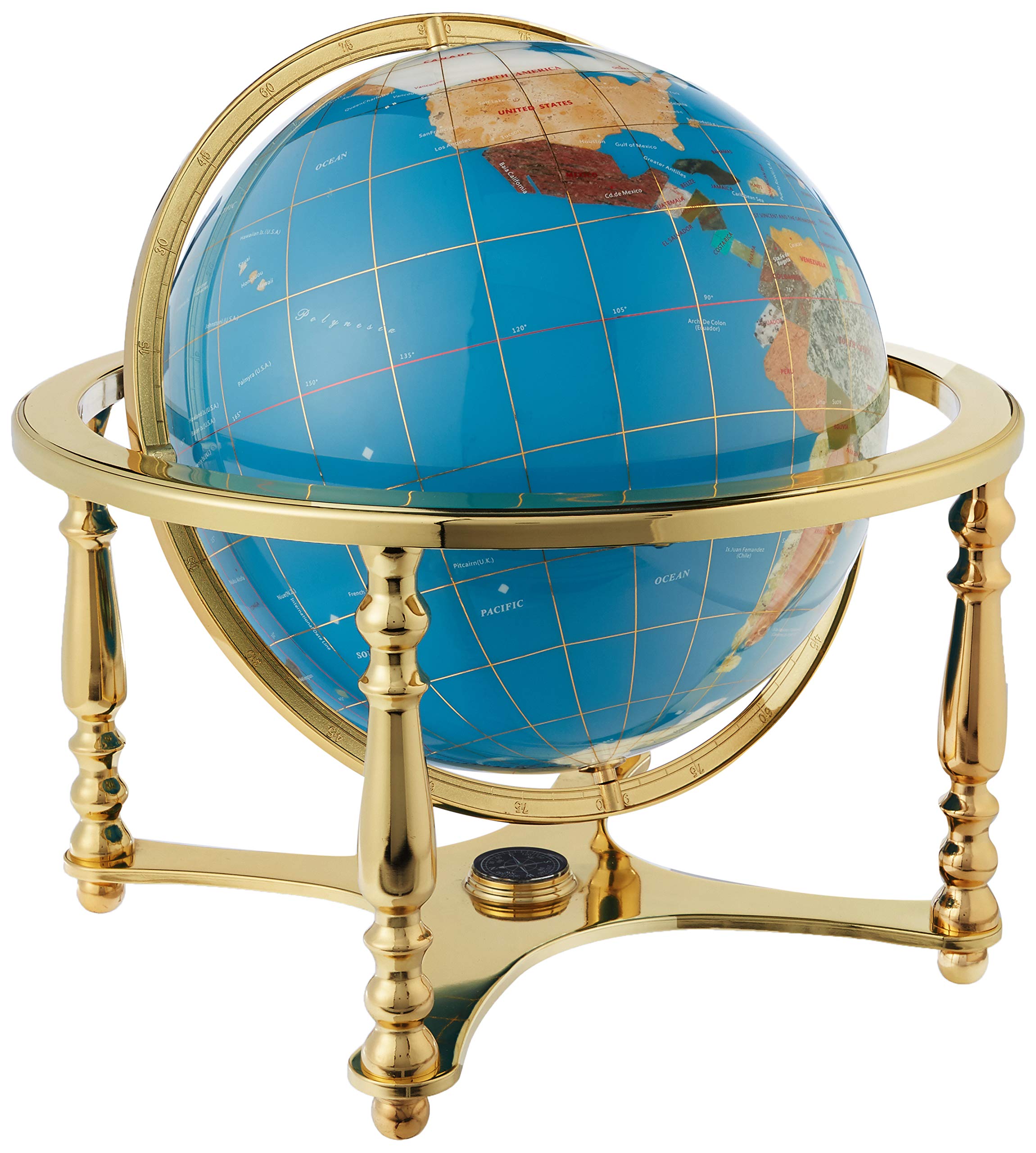 Unique Art 21-Inch Tall Turquoise Ocean Table Top Gemstone World Globe with 4 Leg Gold Stand