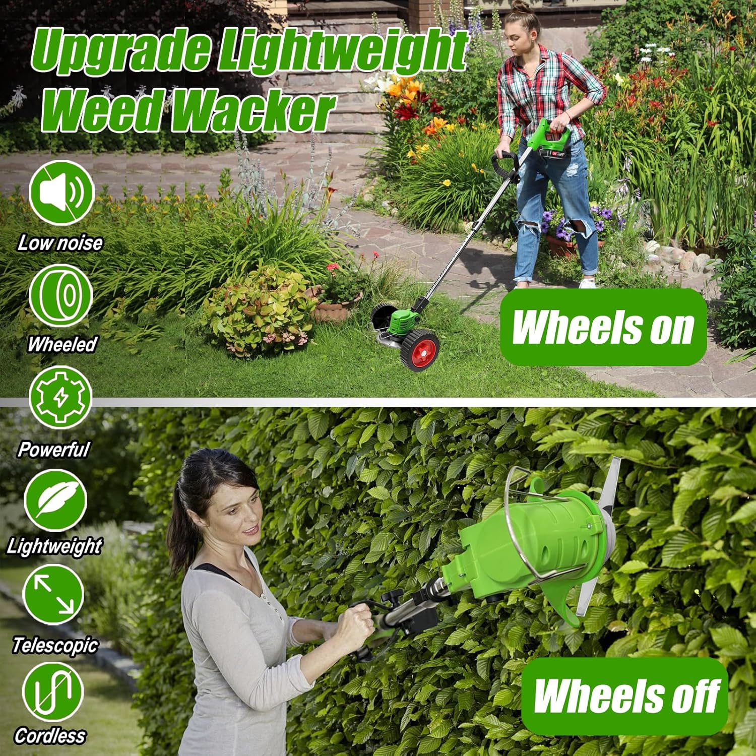 Cordless Electric Weed Wacker Eater, 21V Battery Powered Stringless Weed Trimmer with 3 Types Blades & Wheels, 3-in-1 Grass Trimmer/Lawn Edger/Brush Cutter, Lightweight Garden Tool for Garden Yard