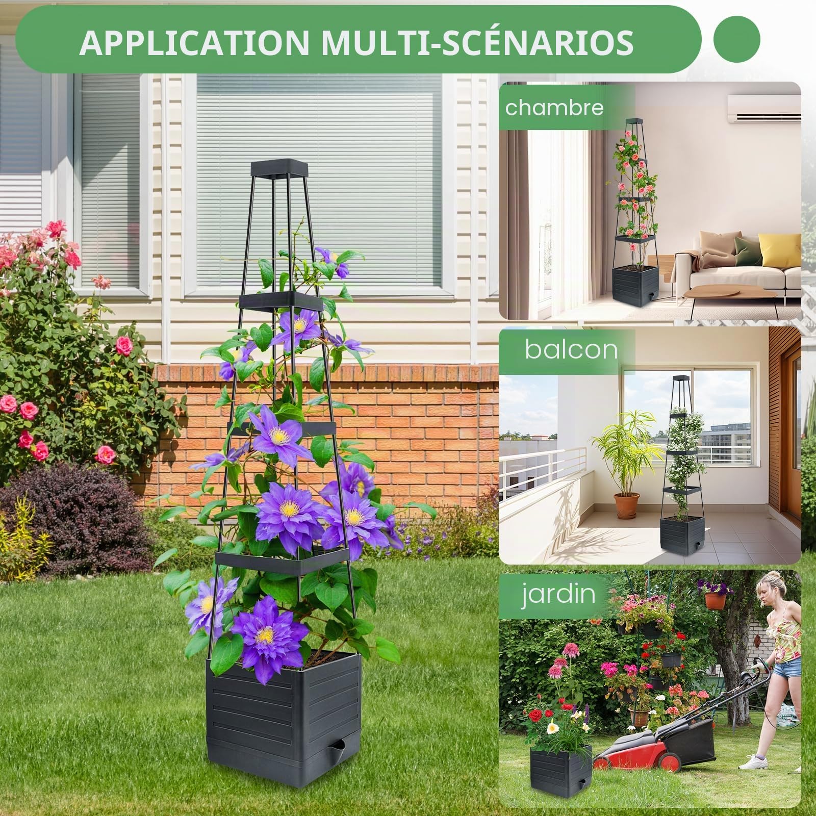 MQUPIN Lot de 2 Jardinière Surélevée avec Treillis,145cm Arrosage Automatique Jardiniere Tomate,Tuteur Tomate,pour Plantes grimpantes,Plantes grimpantes,Auto-arrosage,Support réglable pour vign