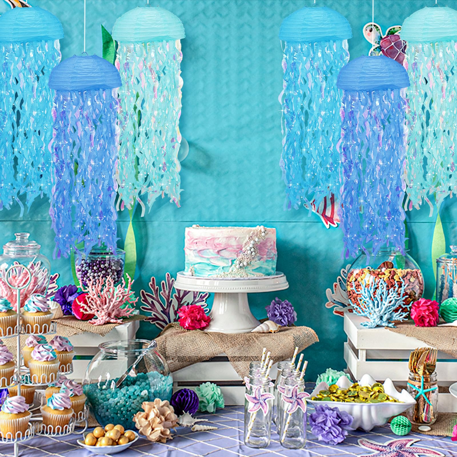 Lot De 6 Lanternes Méduses En Papier - Décoration Fête Sirène, Anniversaire, Bleu 25,4 Cm