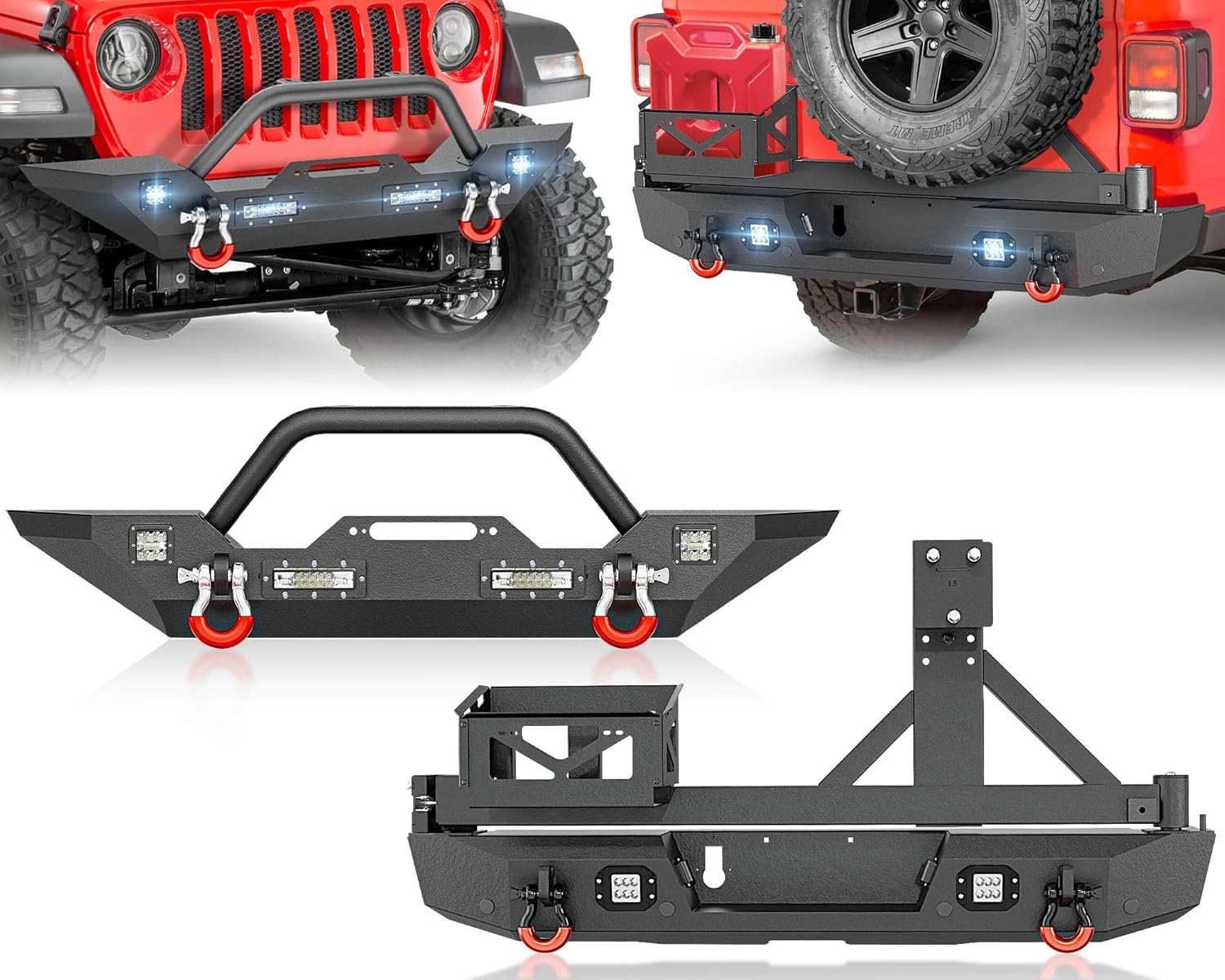 for JT Front and Rear Bumper with Spare Tire Carrier Compatible with 2020-2026 Jeep Gladiator JT w/Oil Drum Rack, Bull Bar, Winch Plate, LED Lights, Sensor Holes & D-rings, License Plate Frame