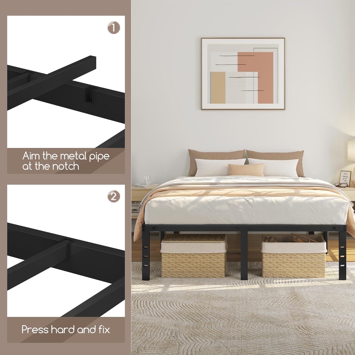 Close-up of a person unfolding a section of the bed frame, showing the metal pipe aligning with a notch.