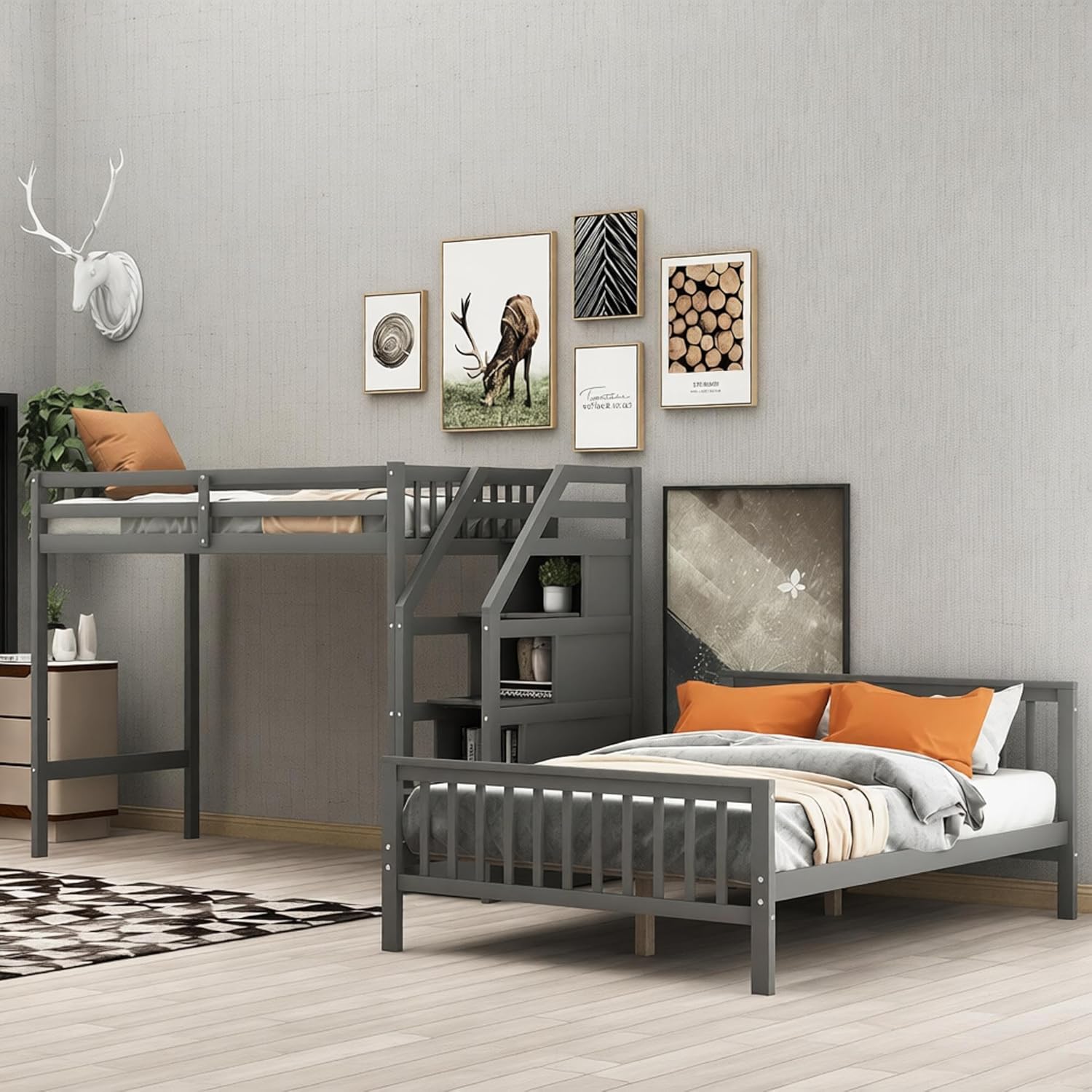 Bellemave Twin Over Full Bunk Bed with Stairs, Solid Wood Bunk Bed with Storage (Gray)