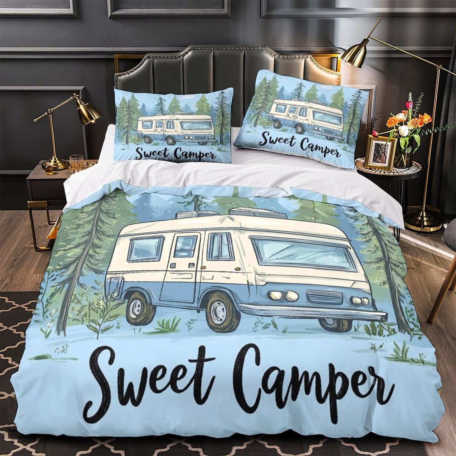Parure de lit camping-car vintage housse couette microfibre enfant 140x200